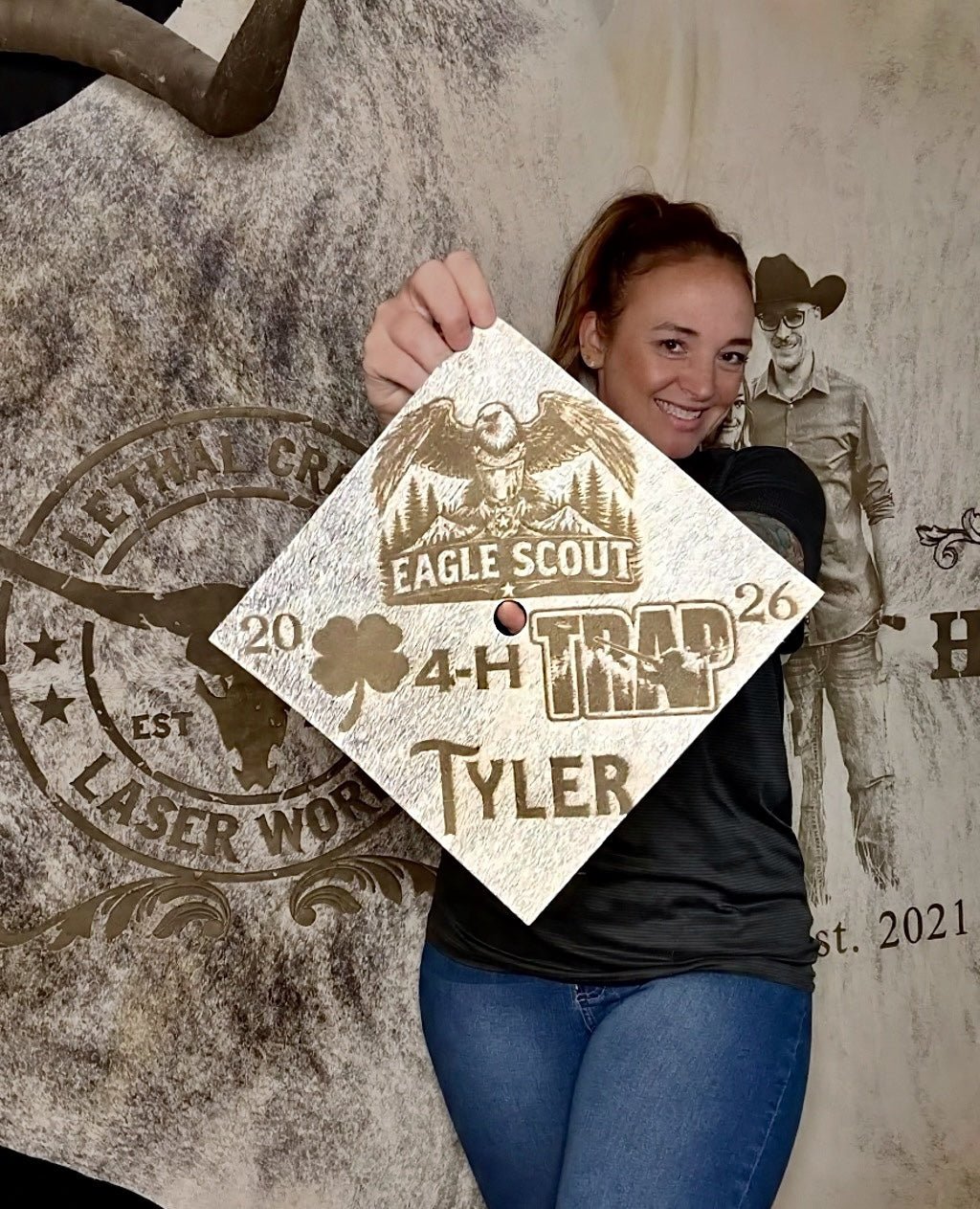 Custom Cowhide Graduation Cap Cover | Personalized Senior Cap -  custom laser engraved cowhide and leather western decor by Lethal Creek Laser Works LLC