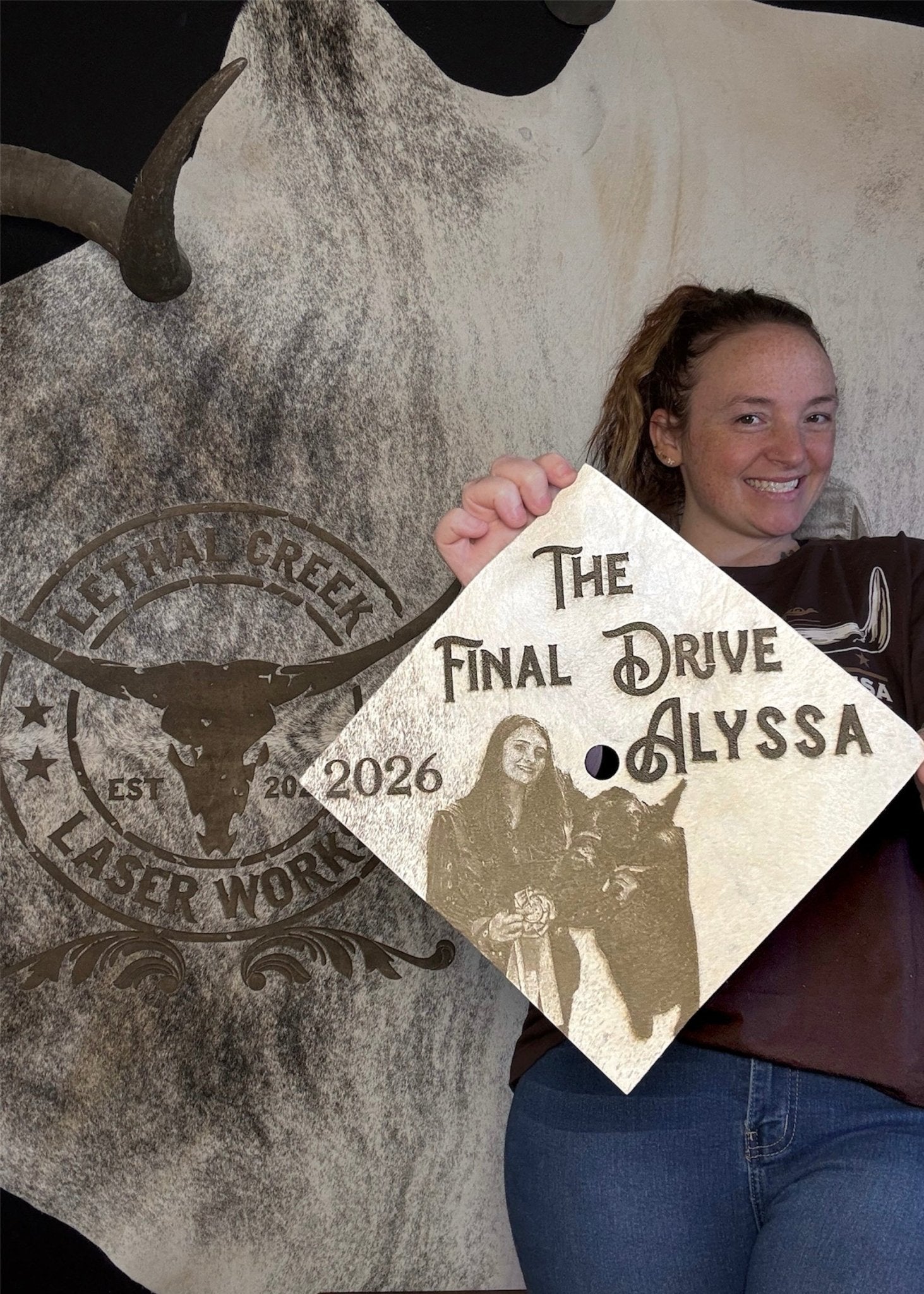 Custom Cowhide Graduation Cap Cover | Personalized Senior Cap -  custom laser engraved cowhide and leather western decor by Lethal Creek Laser Works LLC