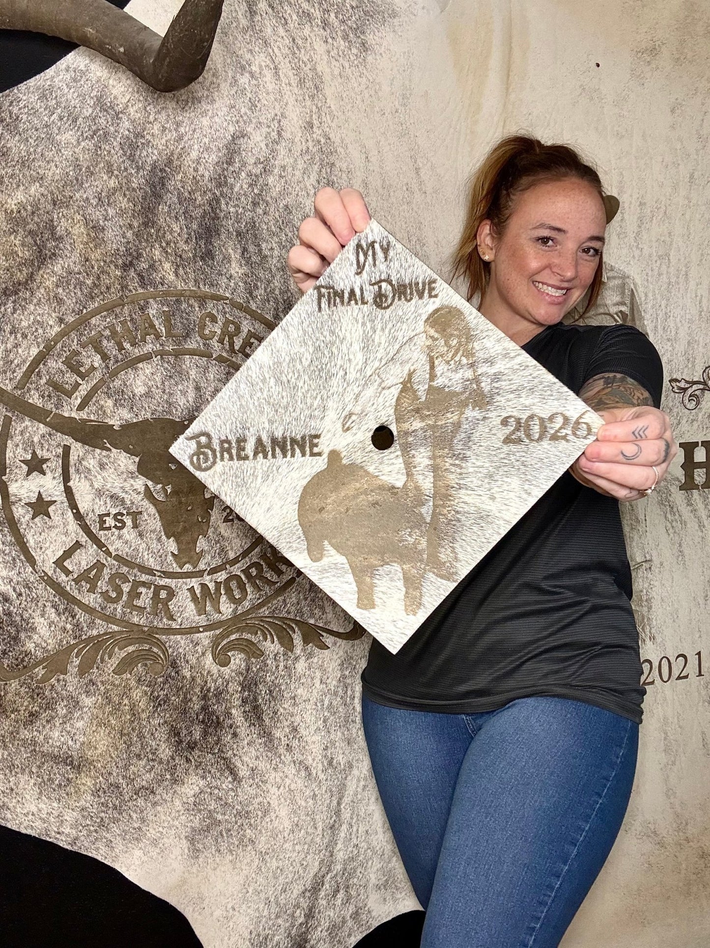 Custom Cowhide Graduation Cap Cover | Personalized Senior Cap -  custom laser engraved cowhide and leather western decor by Lethal Creek Laser Works LLC