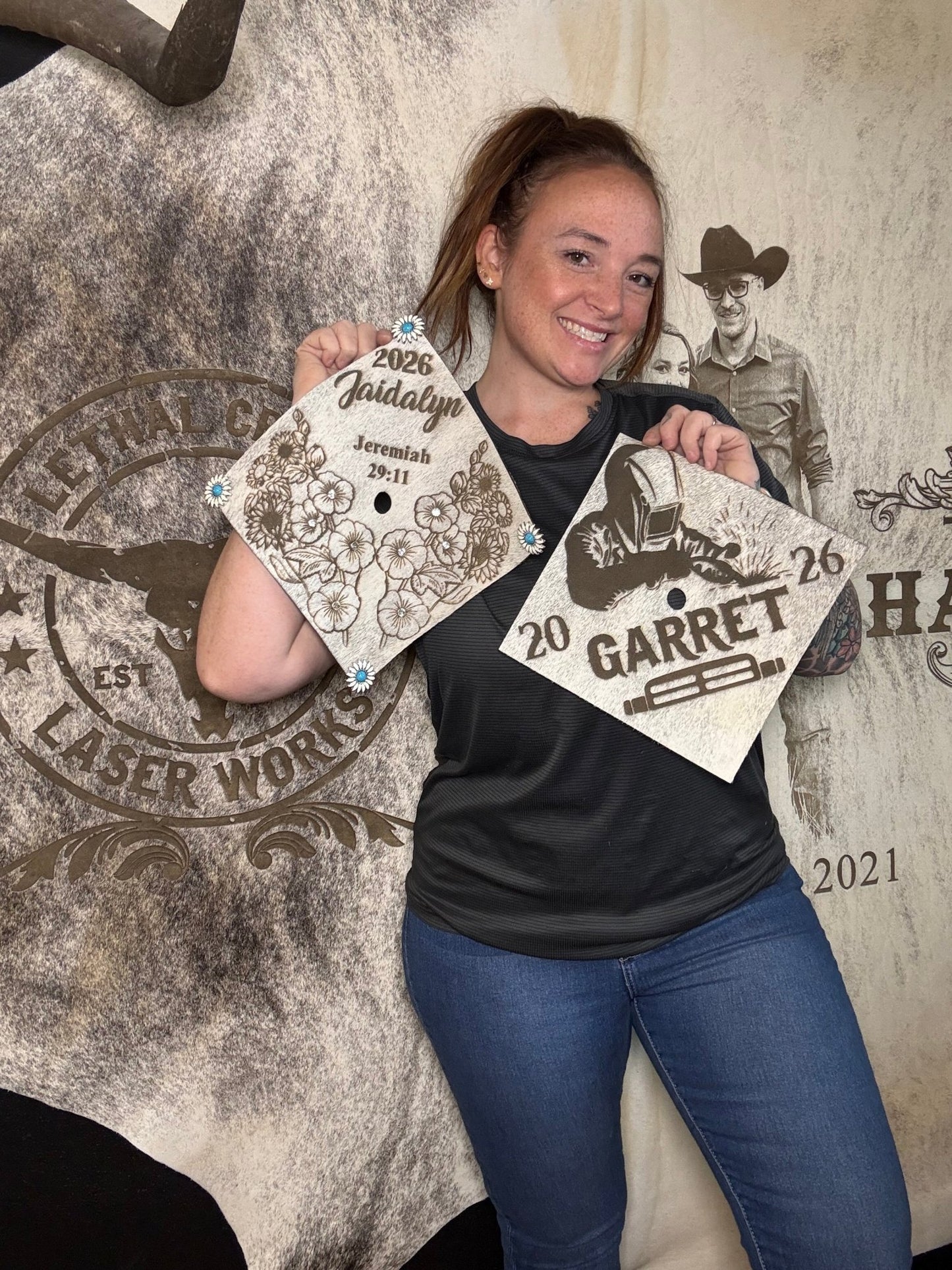 Custom Cowhide Graduation Cap Cover | Personalized Senior Cap -  custom laser engraved cowhide and leather western decor by Lethal Creek Laser Works LLC