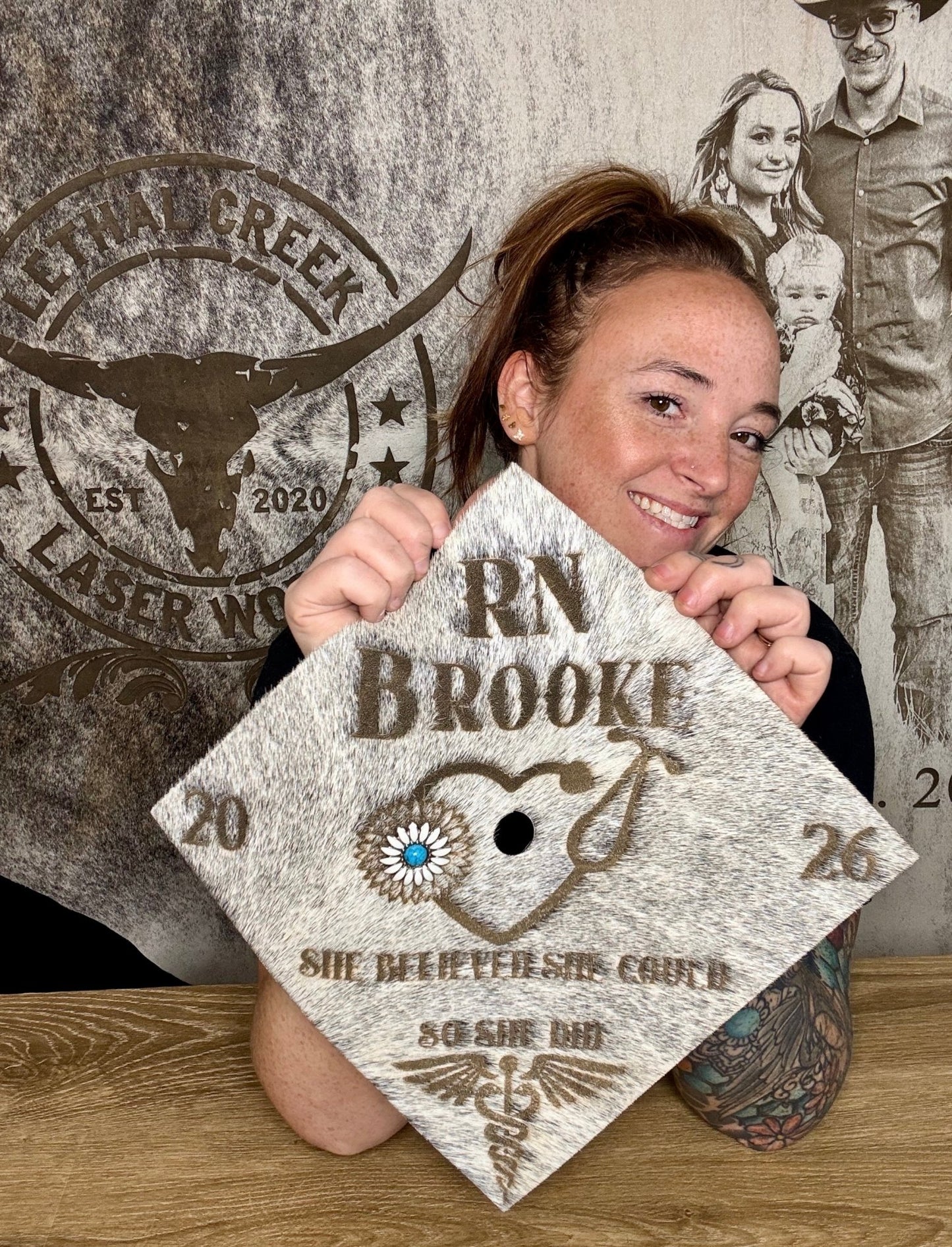 Custom Cowhide Graduation Cap Cover | Personalized Senior Cap -  custom laser engraved cowhide and leather western decor by Lethal Creek Laser Works LLC