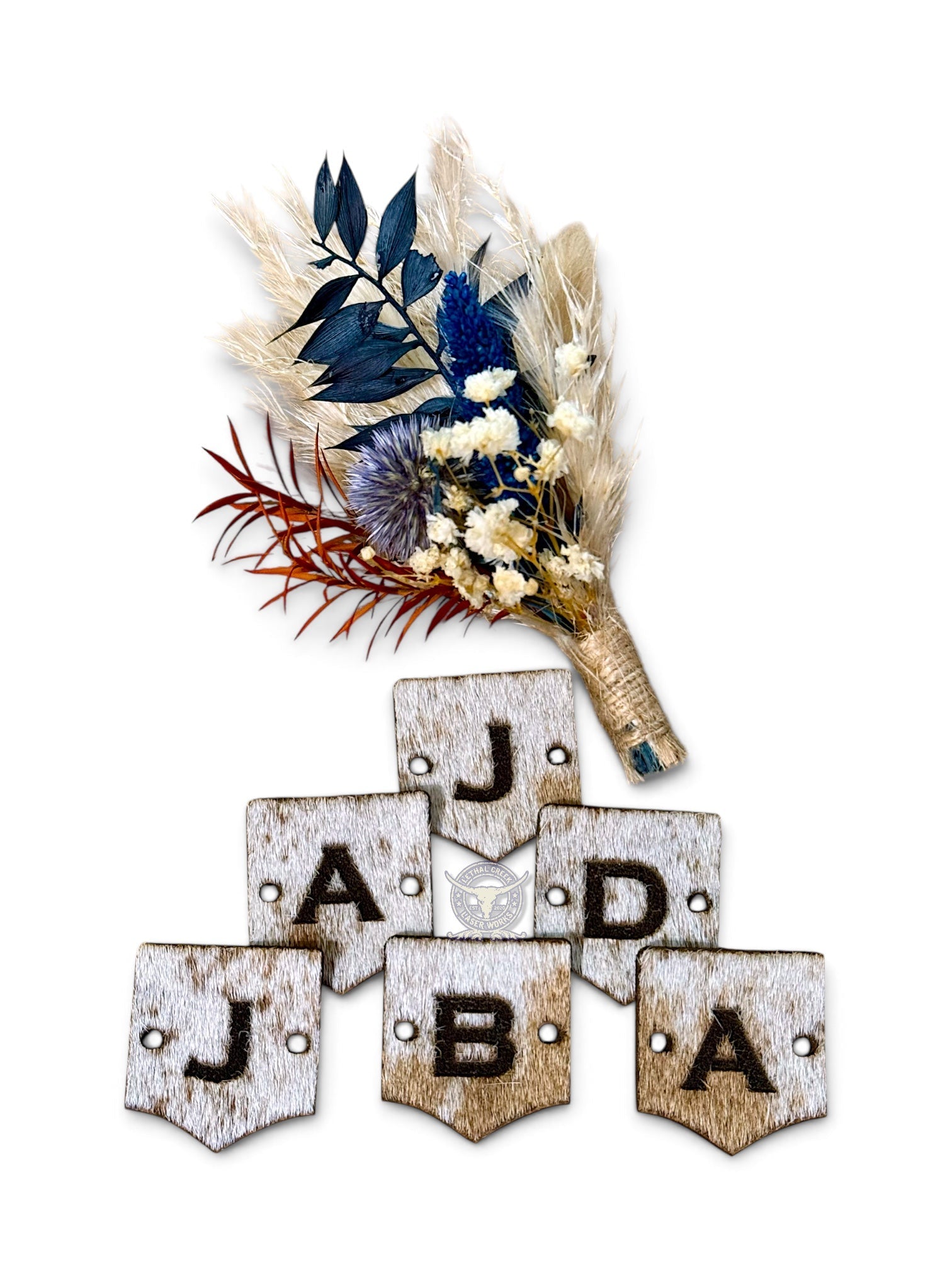 Custom Cowhide Rustic Wedding Set | Backdrop, Guest Board & 6 Boutonniere Wraps -  custom laser engraved cowhide and leather western decor by Lethal Creek Laser Works LLC