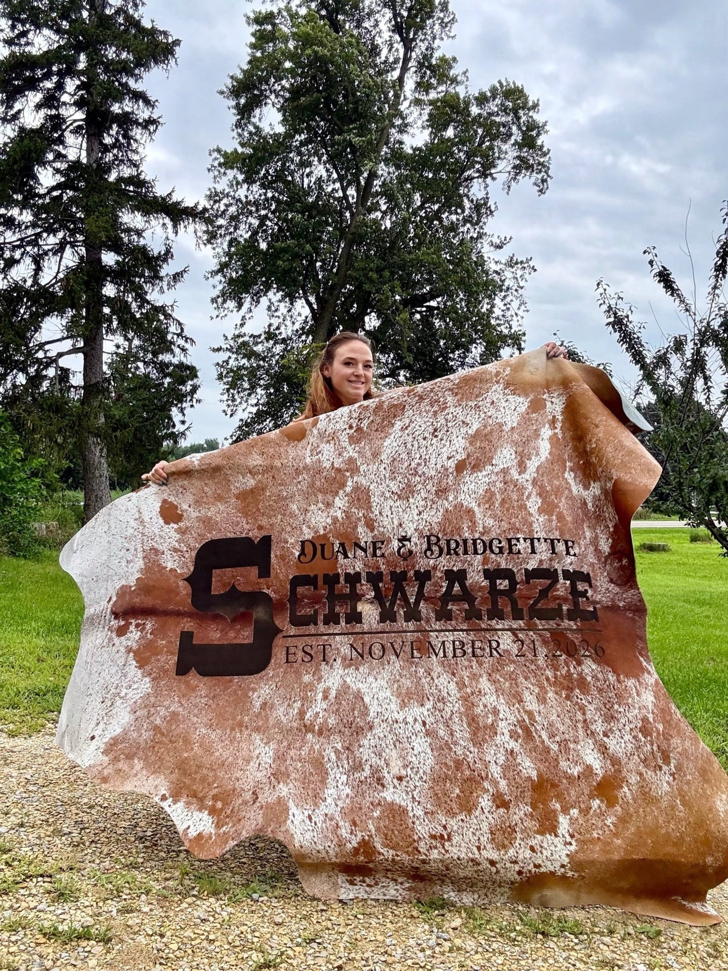 Custom Cowhide Rustic Wedding Set | Backdrop, Guest Board & 6 Boutonniere Wraps -  custom laser engraved cowhide and leather western decor by Lethal Creek Laser Works LLC