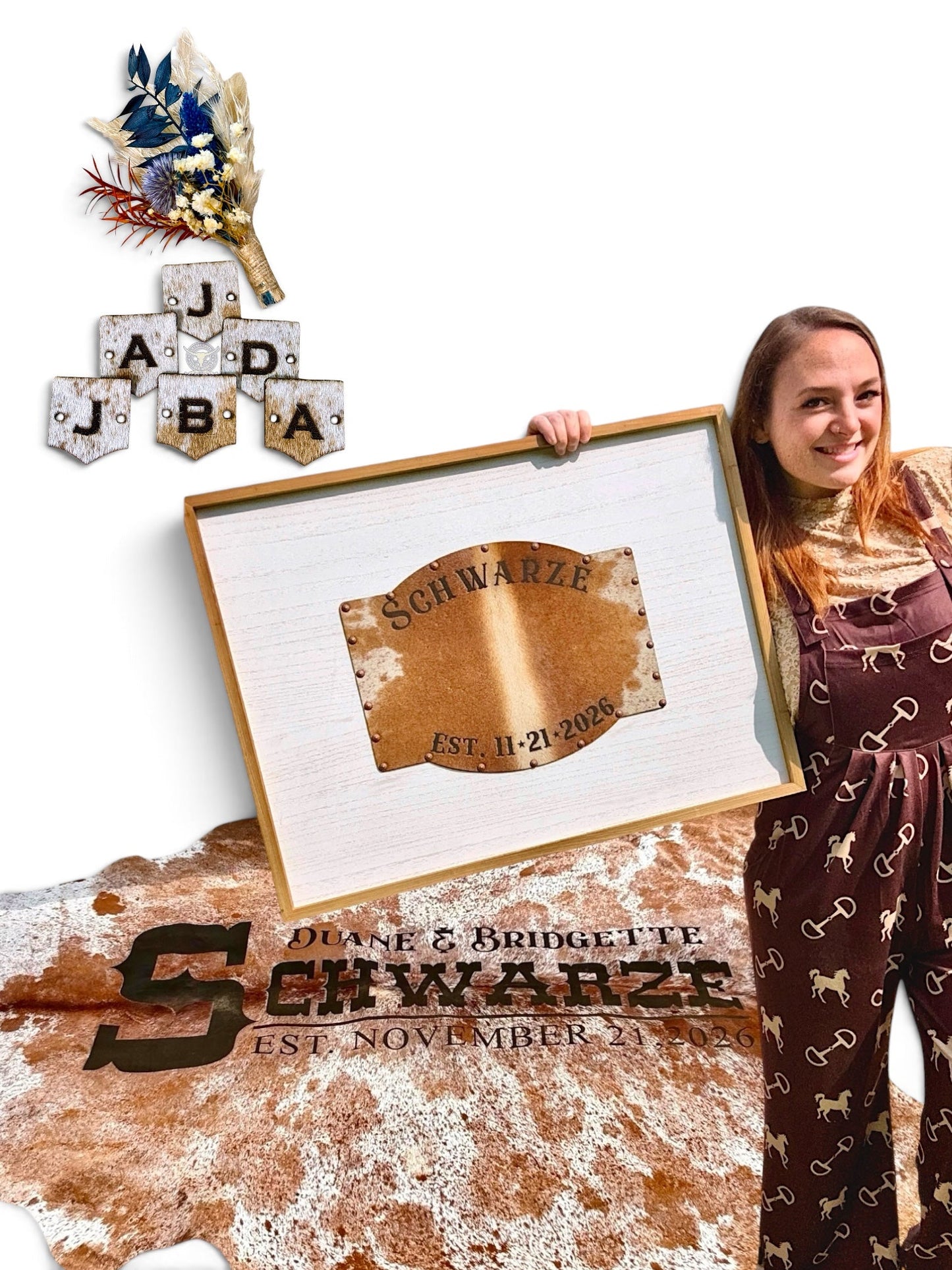 Custom Cowhide Rustic Wedding Set | Backdrop, Guest Board & 6 Boutonniere Wraps -  custom laser engraved cowhide and leather western decor by Lethal Creek Laser Works LLC