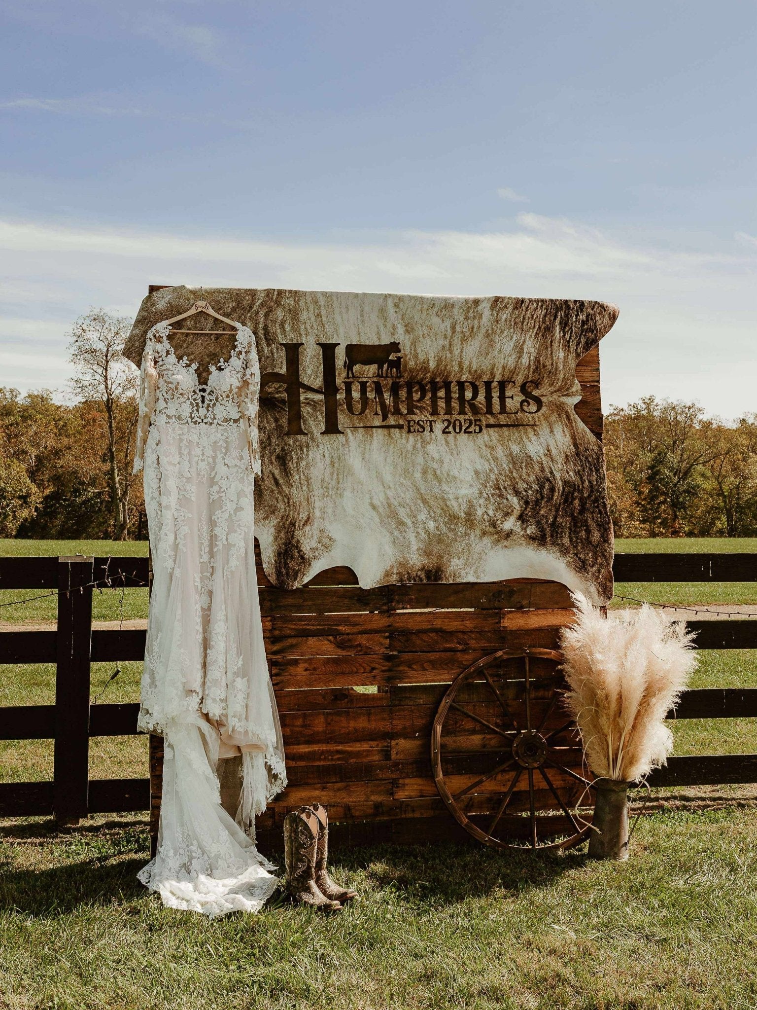 Custom Cowhide Wedding Backdrop & Bouquet Wrap for Rustic Western Weddings -  custom laser engraved cowhide and leather western decor by Lethal Creek Laser Works LLC