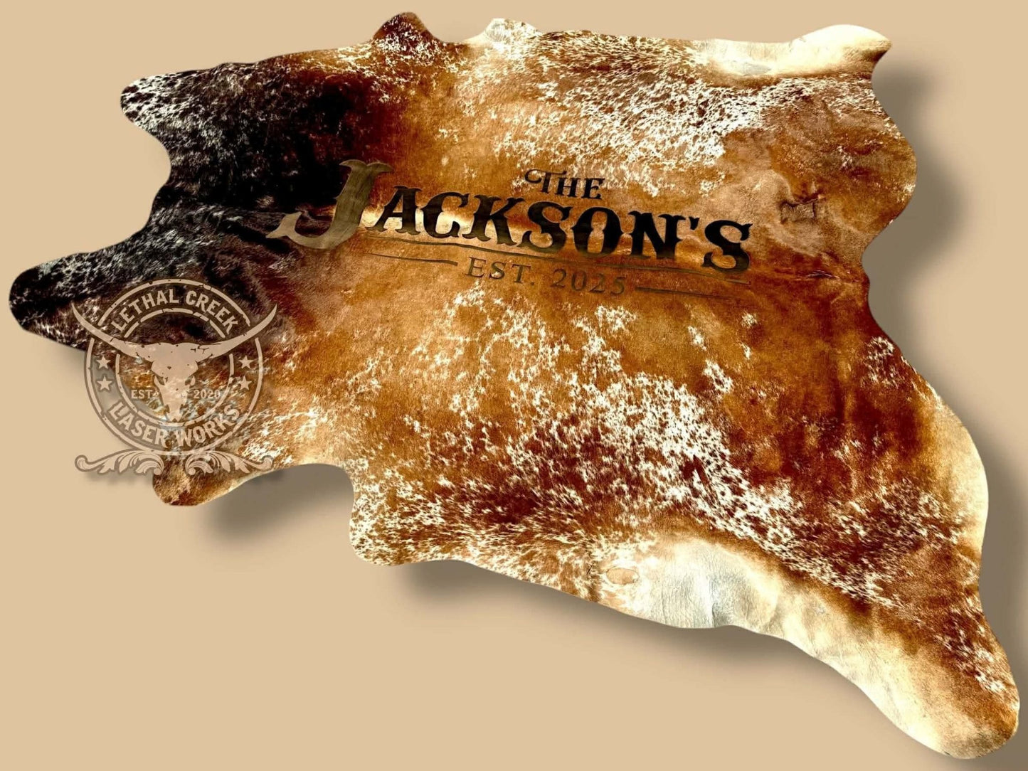 Custom Cowhide Wedding Backdrop & Bouquet Wrap for Rustic Western Weddings -  custom laser engraved cowhide and leather western decor by Lethal Creek Laser Works LLC