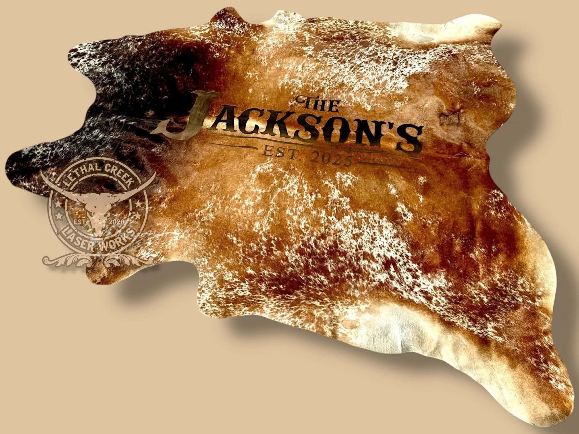 Custom Cowhide Wedding Backdrop & Bouquet Wrap for Rustic Western Weddings -  custom laser engraved cowhide and leather western decor by Lethal Creek Laser Works LLC