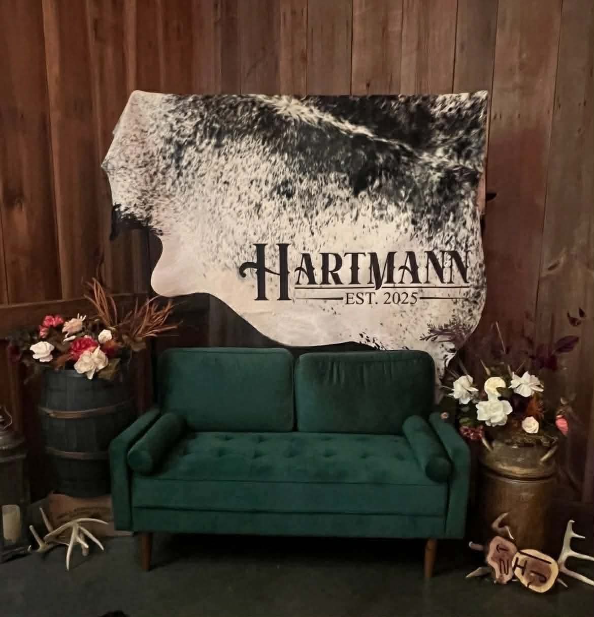 Custom Cowhide Wedding Backdrop & Bouquet Wrap for Rustic Western Weddings -  custom laser engraved cowhide and leather western decor by Lethal Creek Laser Works LLC