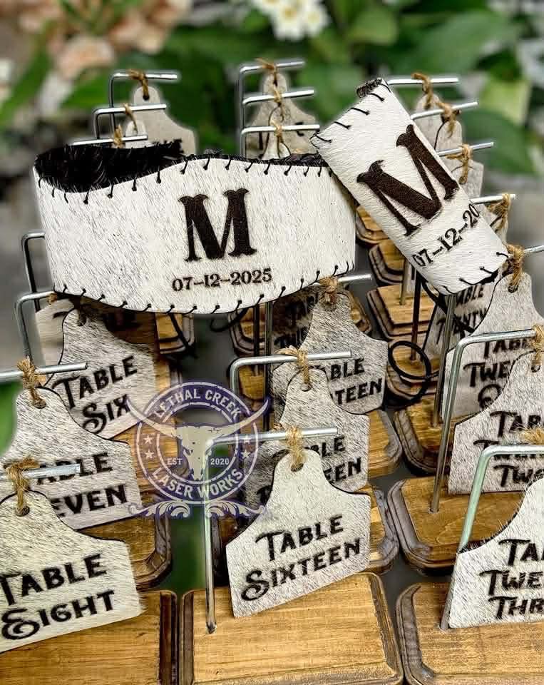 Custom Cowhide Wedding Backdrop & Bouquet Wrap for Rustic Western Weddings -  custom laser engraved cowhide and leather western decor by Lethal Creek Laser Works LLC