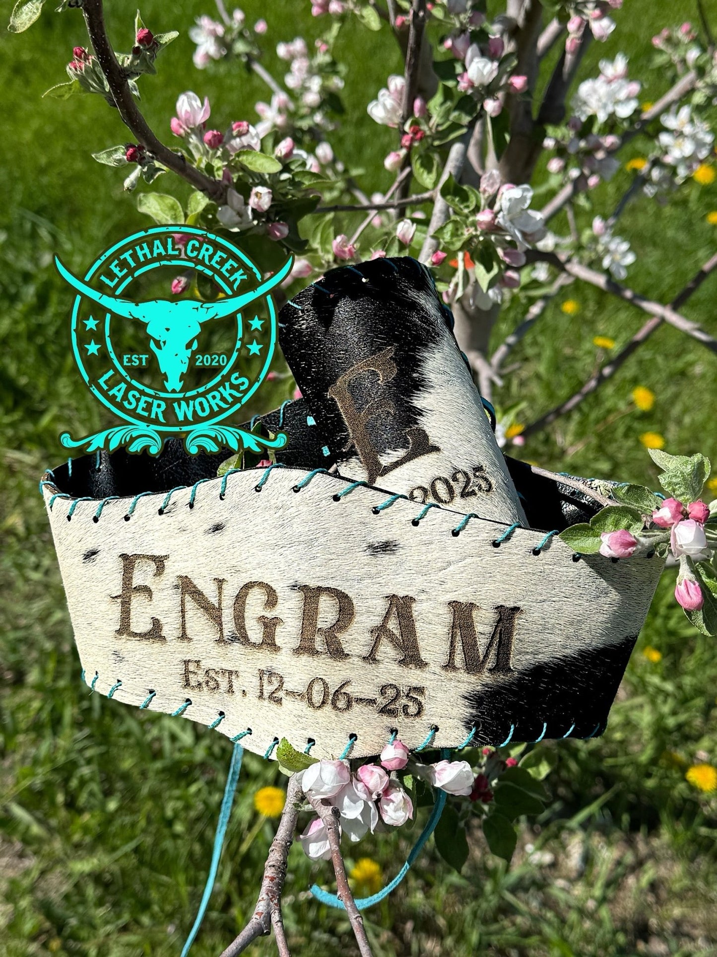 Custom Cowhide Wedding Backdrop & Bouquet Wrap for Rustic Western Weddings -  custom laser engraved cowhide and leather western decor by Lethal Creek Laser Works LLC