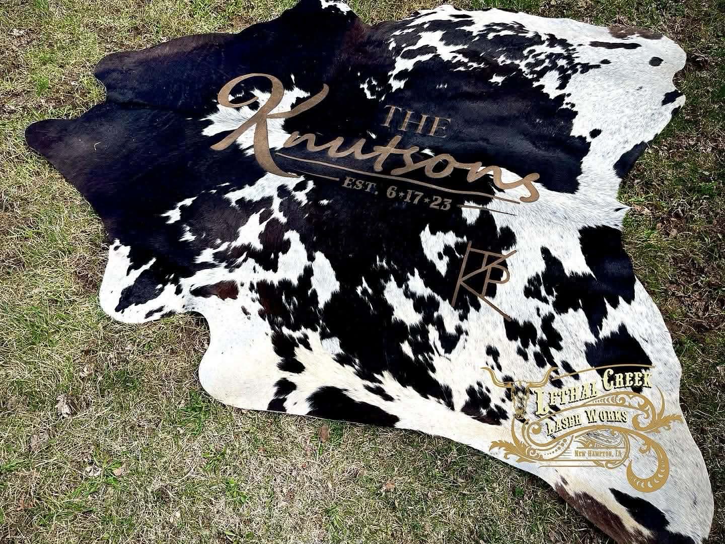 Custom Cowhide Wedding Backdrop & Bouquet Wrap for Rustic Western Weddings -  custom laser engraved cowhide and leather western decor by Lethal Creek Laser Works LLC