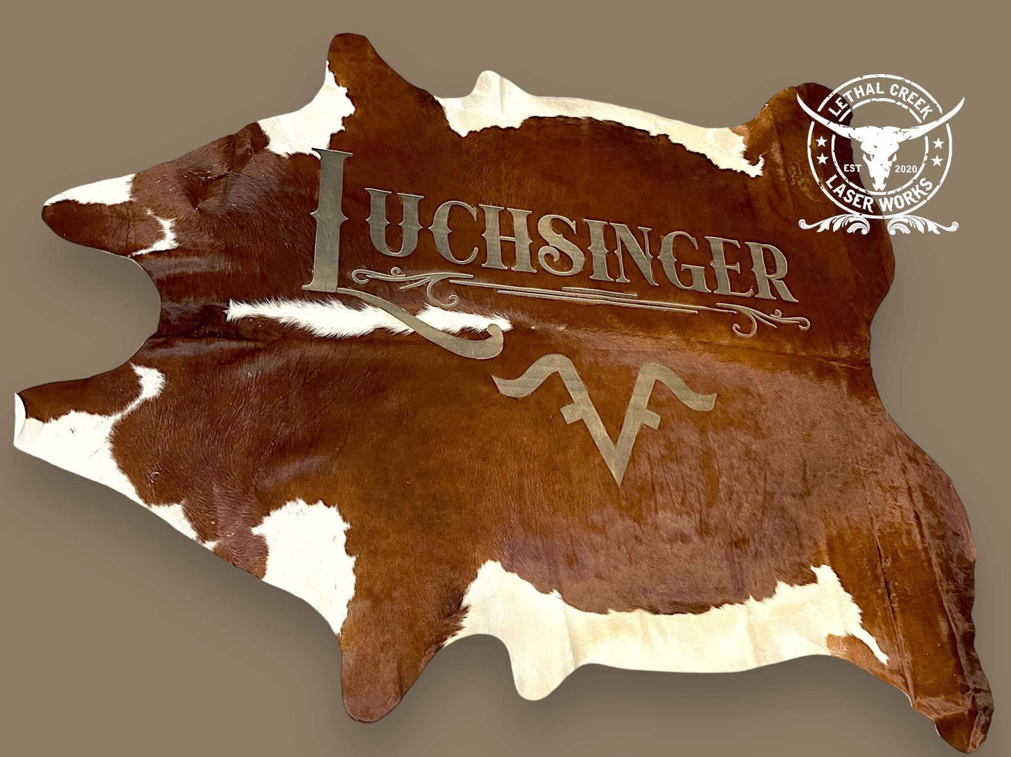 Custom Cowhide Wedding Backdrop & Bouquet Wrap for Rustic Western Weddings -  custom laser engraved cowhide and leather western decor by Lethal Creek Laser Works LLC