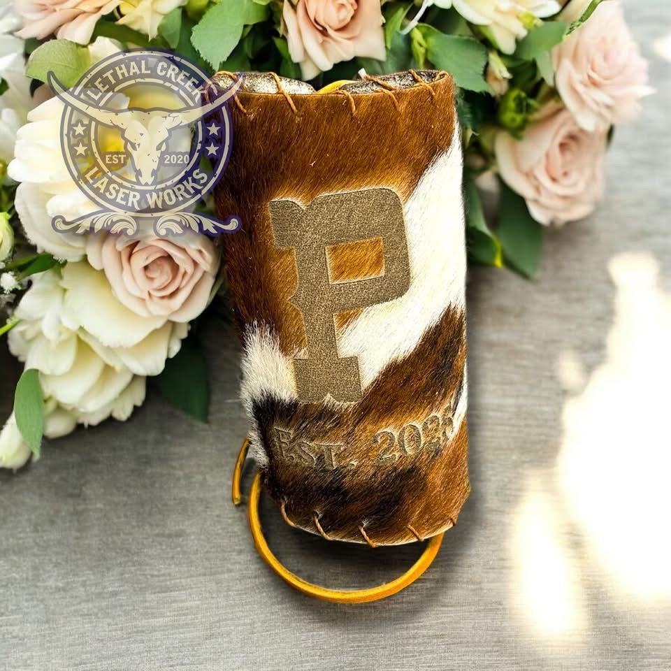 Custom Cowhide Wedding Backdrop & Bouquet Wrap for Rustic Western Weddings -  custom laser engraved cowhide and leather western decor by Lethal Creek Laser Works LLC