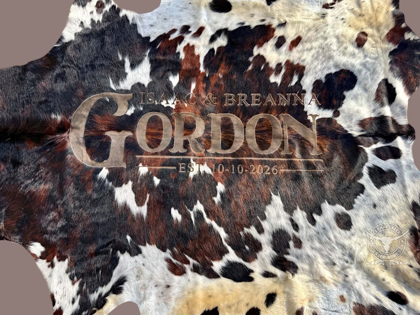 Custom Cowhide Wedding Backdrop & Bouquet Wrap for Rustic Western Weddings -  custom laser engraved cowhide and leather western decor by Lethal Creek Laser Works LLC