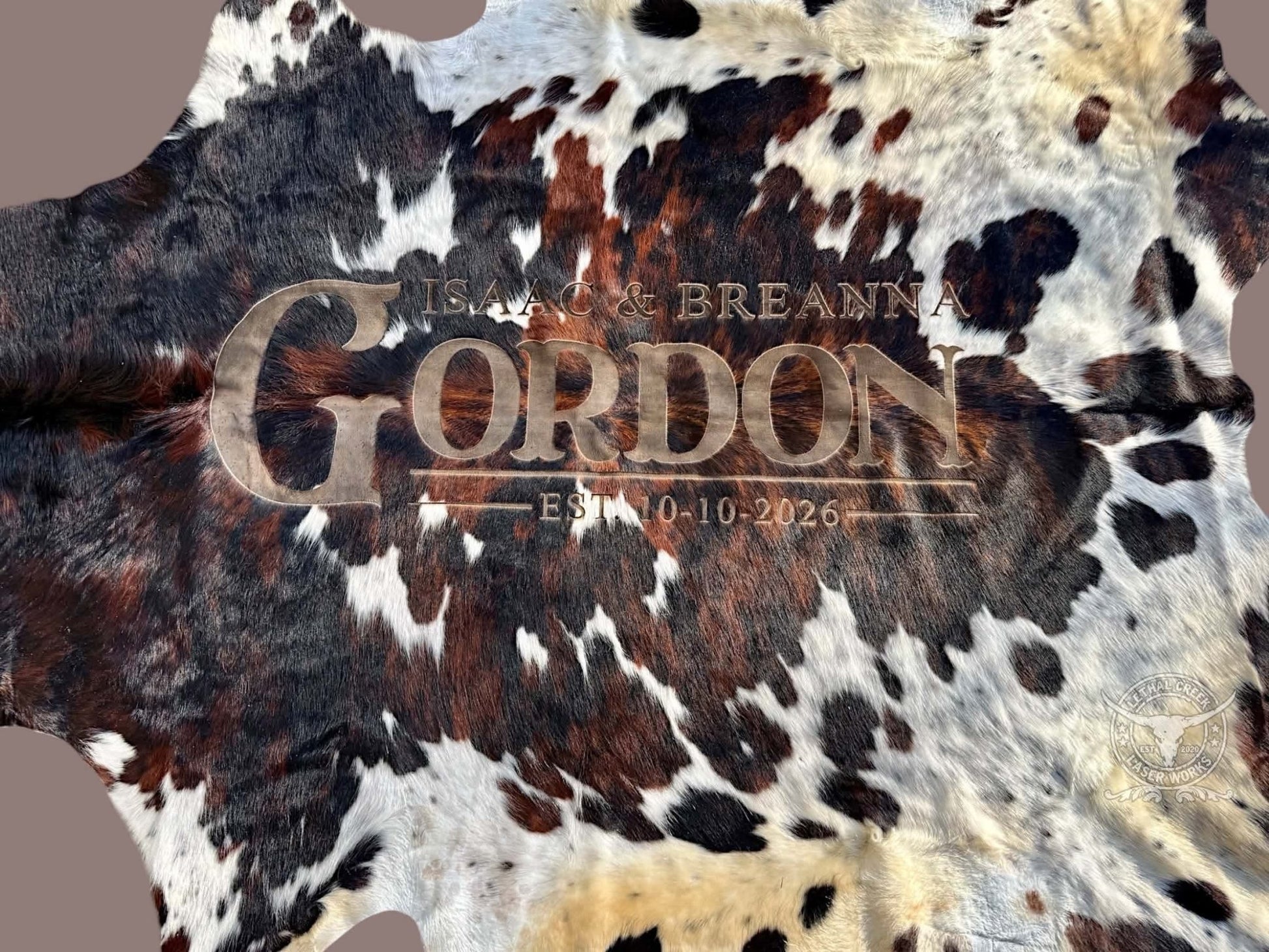 Custom Cowhide Wedding Backdrop & Bouquet Wrap for Rustic Western Weddings -  custom laser engraved cowhide and leather western decor by Lethal Creek Laser Works LLC
