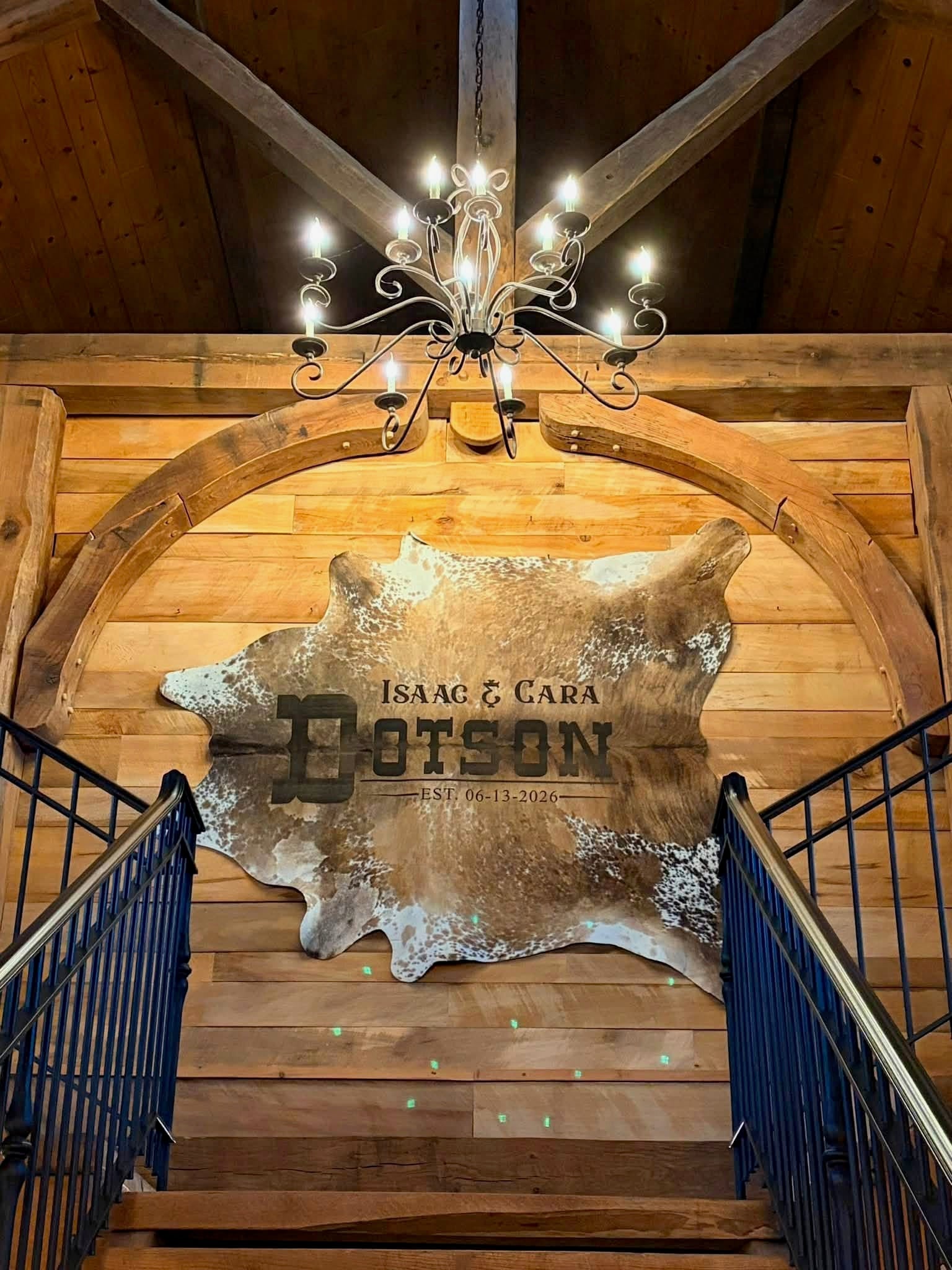 Custom Cowhide Wedding Backdrop & Bouquet Wrap for Rustic Western Weddings -  custom laser engraved cowhide and leather western decor by Lethal Creek Laser Works LLC