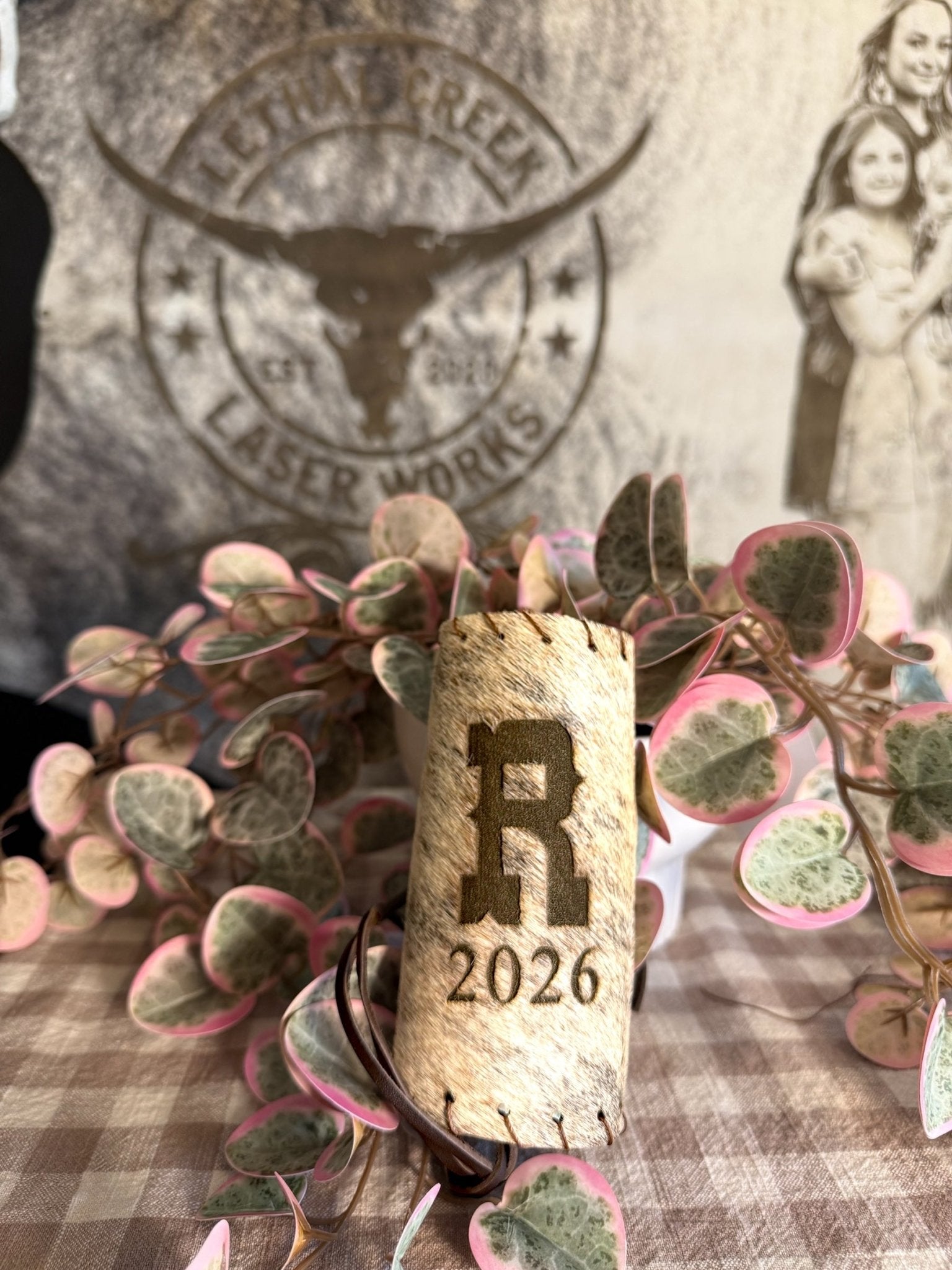 Custom Cowhide Wedding Backdrop & Bouquet Wrap for Rustic Western Weddings -  custom laser engraved cowhide and leather western decor by Lethal Creek Laser Works LLC