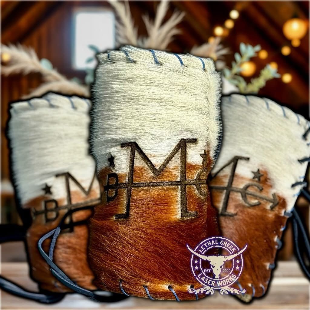 Custom Cowhide Wedding Backdrop & Bouquet Wrap for Rustic Western Weddings -  custom laser engraved cowhide and leather western decor by Lethal Creek Laser Works LLC
