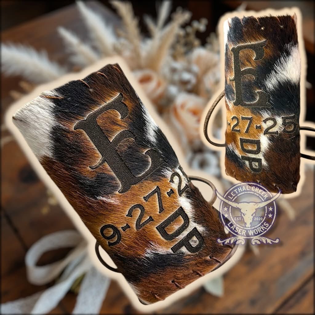 Custom Cowhide Wedding Backdrop & Bouquet Wrap for Rustic Western Weddings -  custom laser engraved cowhide and leather western decor by Lethal Creek Laser Works LLC