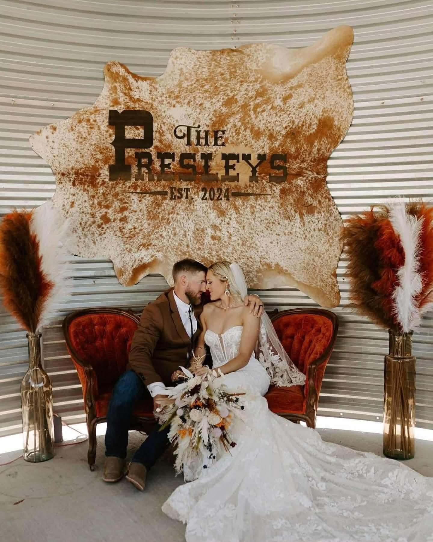 Custom Cowhide Wedding Backdrop & Bouquet Wrap for Rustic Western Weddings -  custom laser engraved cowhide and leather western decor by Lethal Creek Laser Works LLC
