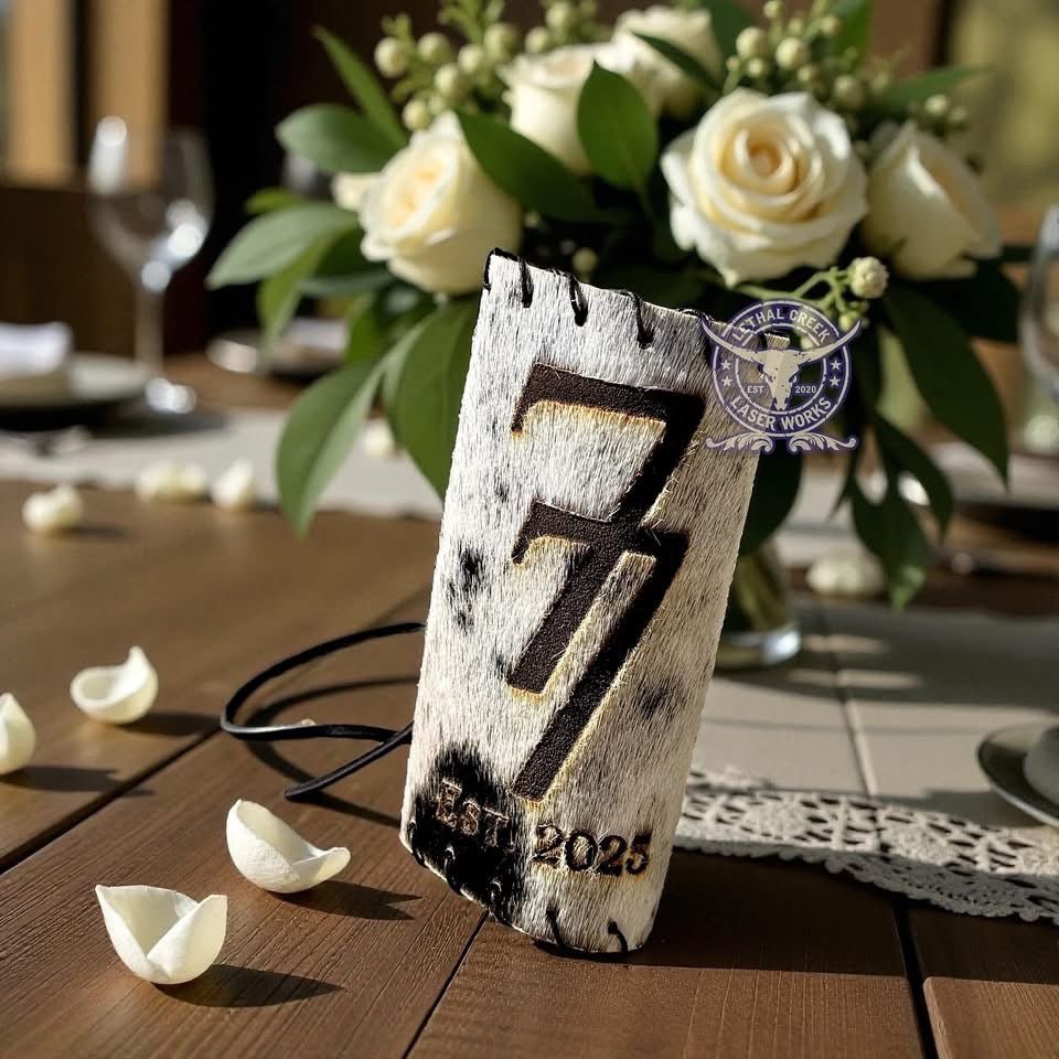 Custom Cowhide Wedding Backdrop & Bouquet Wrap for Rustic Western Weddings -  custom laser engraved cowhide and leather western decor by Lethal Creek Laser Works LLC