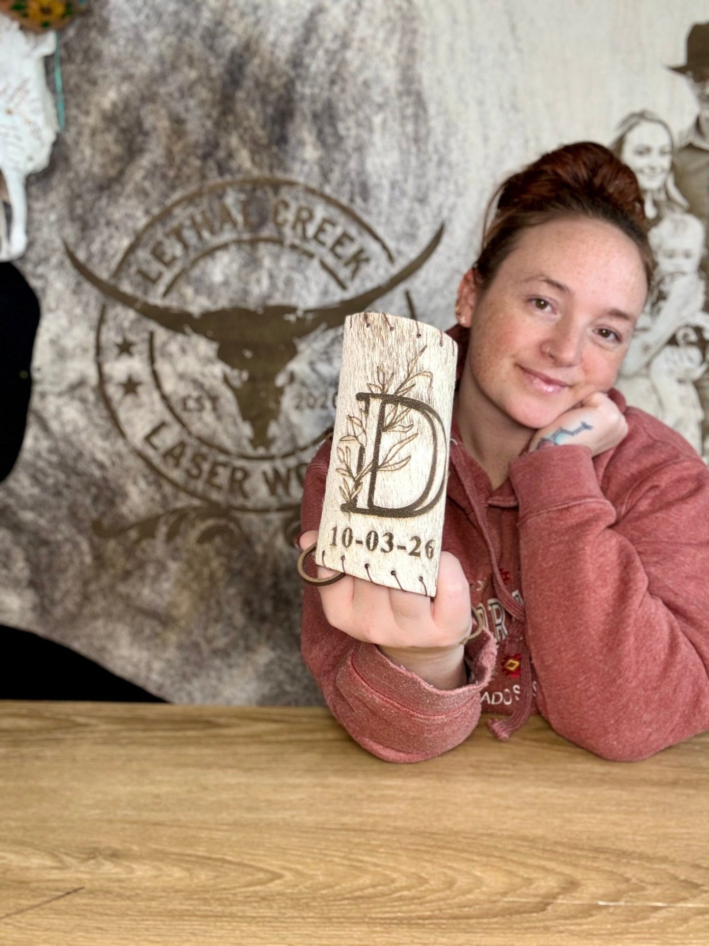 Custom Cowhide Wedding Backdrop & Bouquet Wrap for Rustic Western Weddings -  custom laser engraved cowhide and leather western decor by Lethal Creek Laser Works LLC