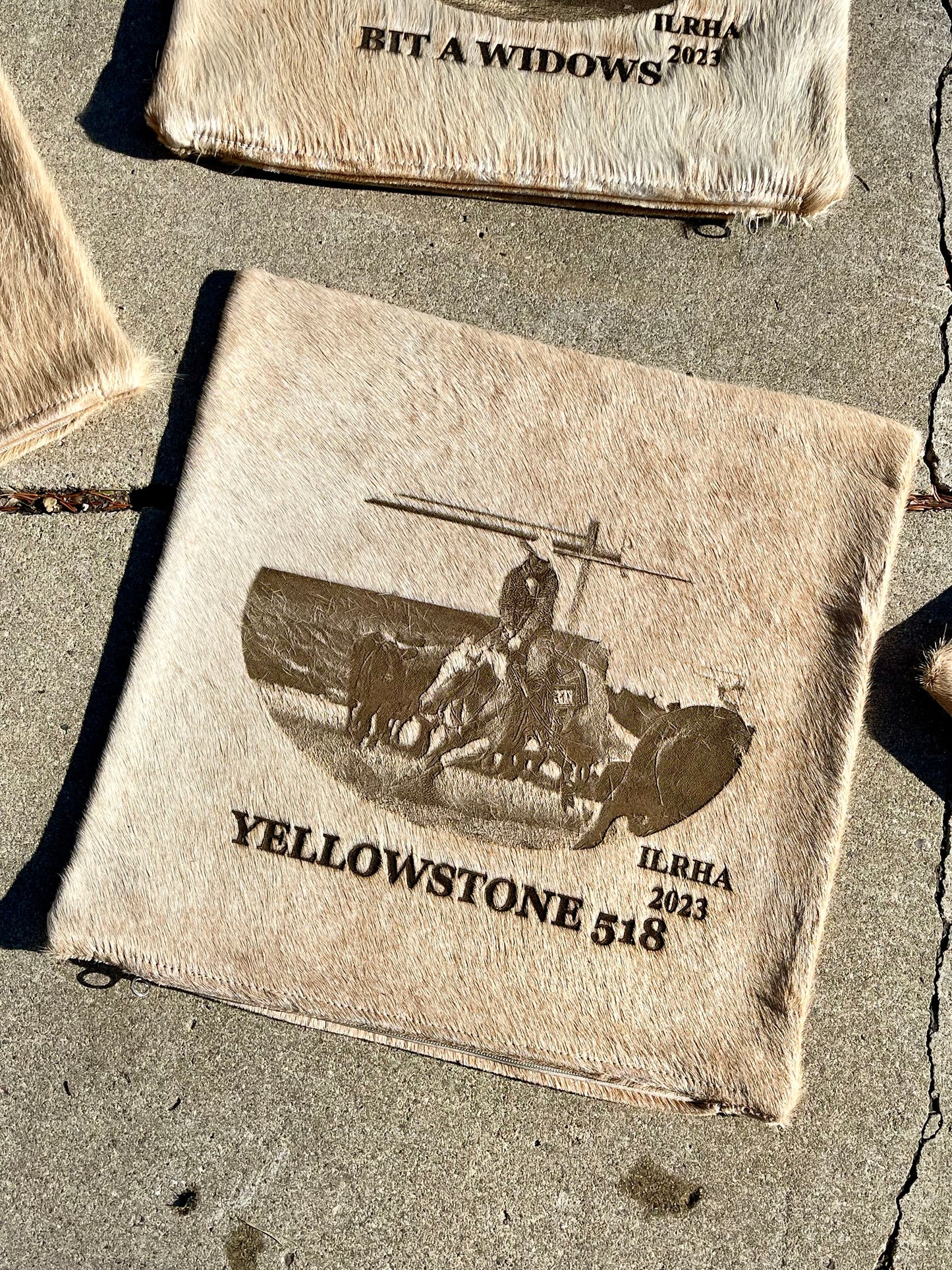 Custom cutting horse award cowhide pillow case laser branded with horse and rider photo