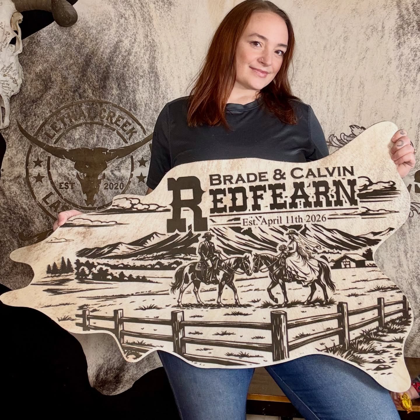 Custom Engraved Cowhide | Ranch, Wedding & Farmhouse Decor -  custom laser engraved cowhide and leather western decor by Lethal Creek Laser Works LLC