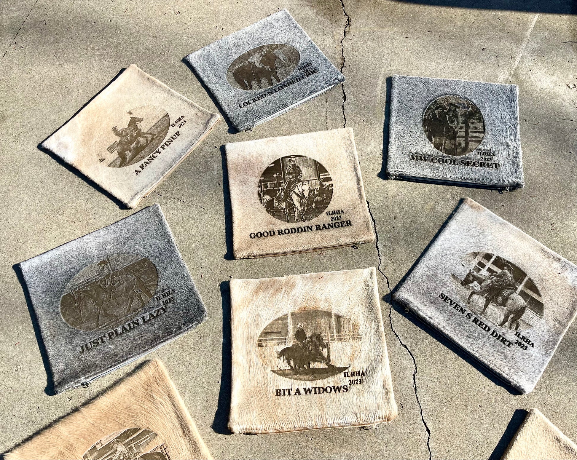 Custom equine award photo cowhide pillow cases featuring personalized horse and rider photos