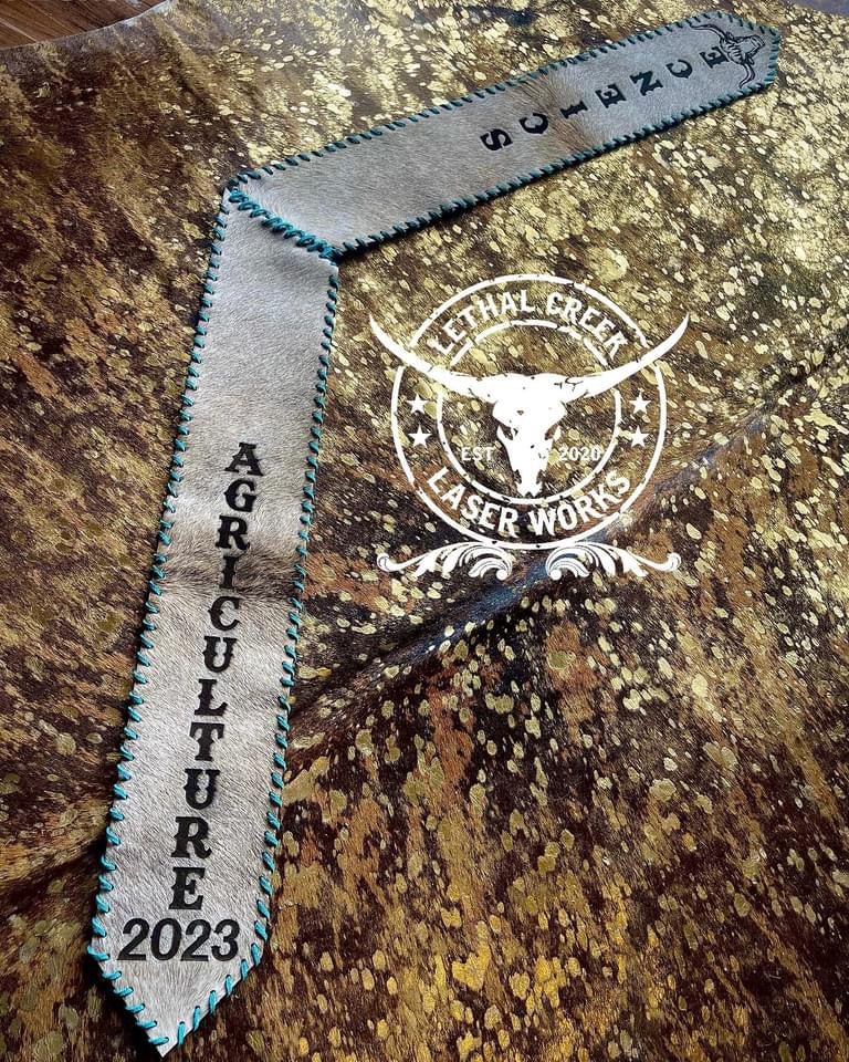 CUSTOM GRADUATION STOLE -  custom laser engraved cowhide and leather western decor by Lethal Creek Laser Works LLC