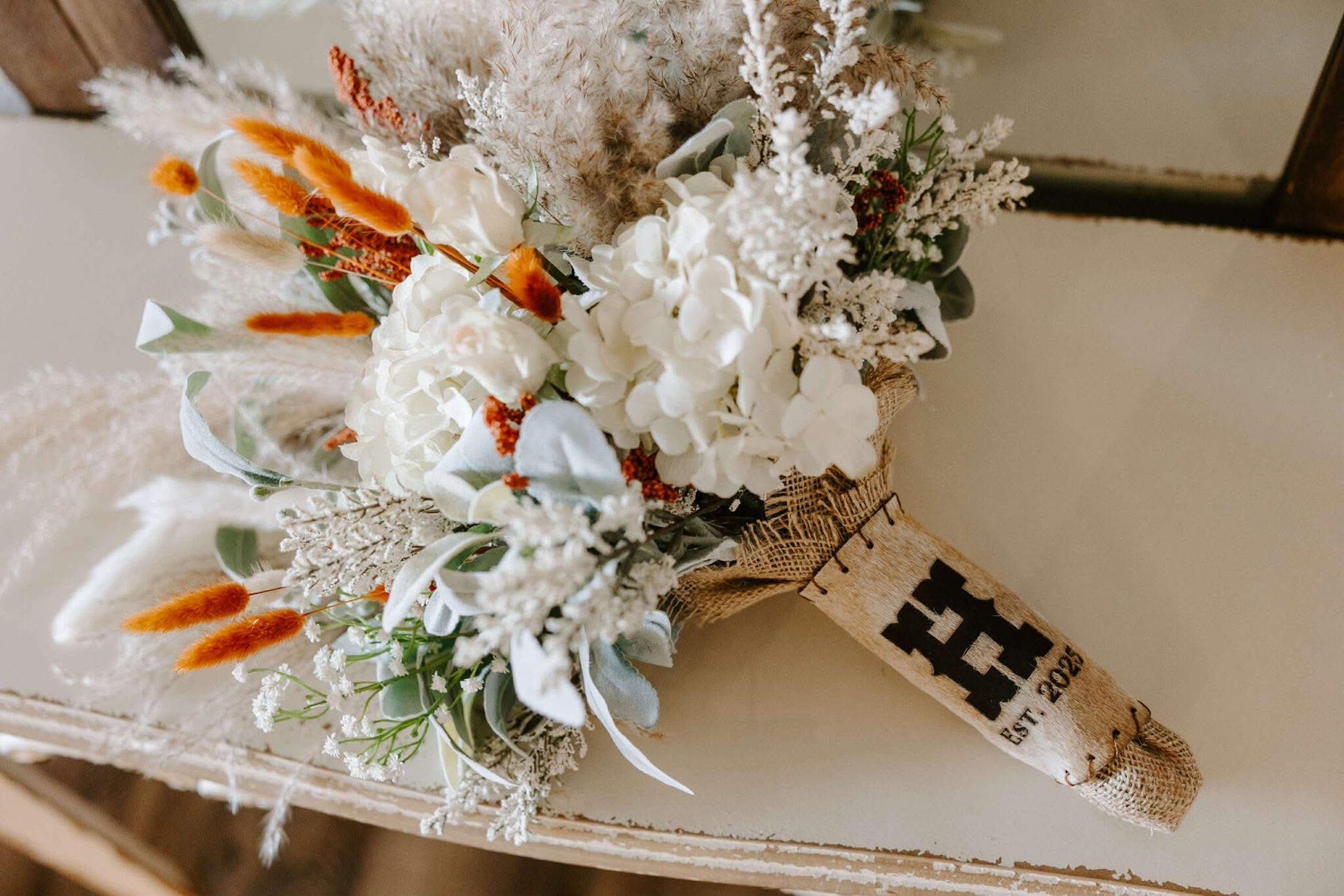 Custom Laser-Branded Cowhide Bouquet Wrap & Boutonnière Wrap Set | Personalized Western Wedding Accessories -  custom laser engraved cowhide and leather western decor by Lethal Creek Laser Works LLC