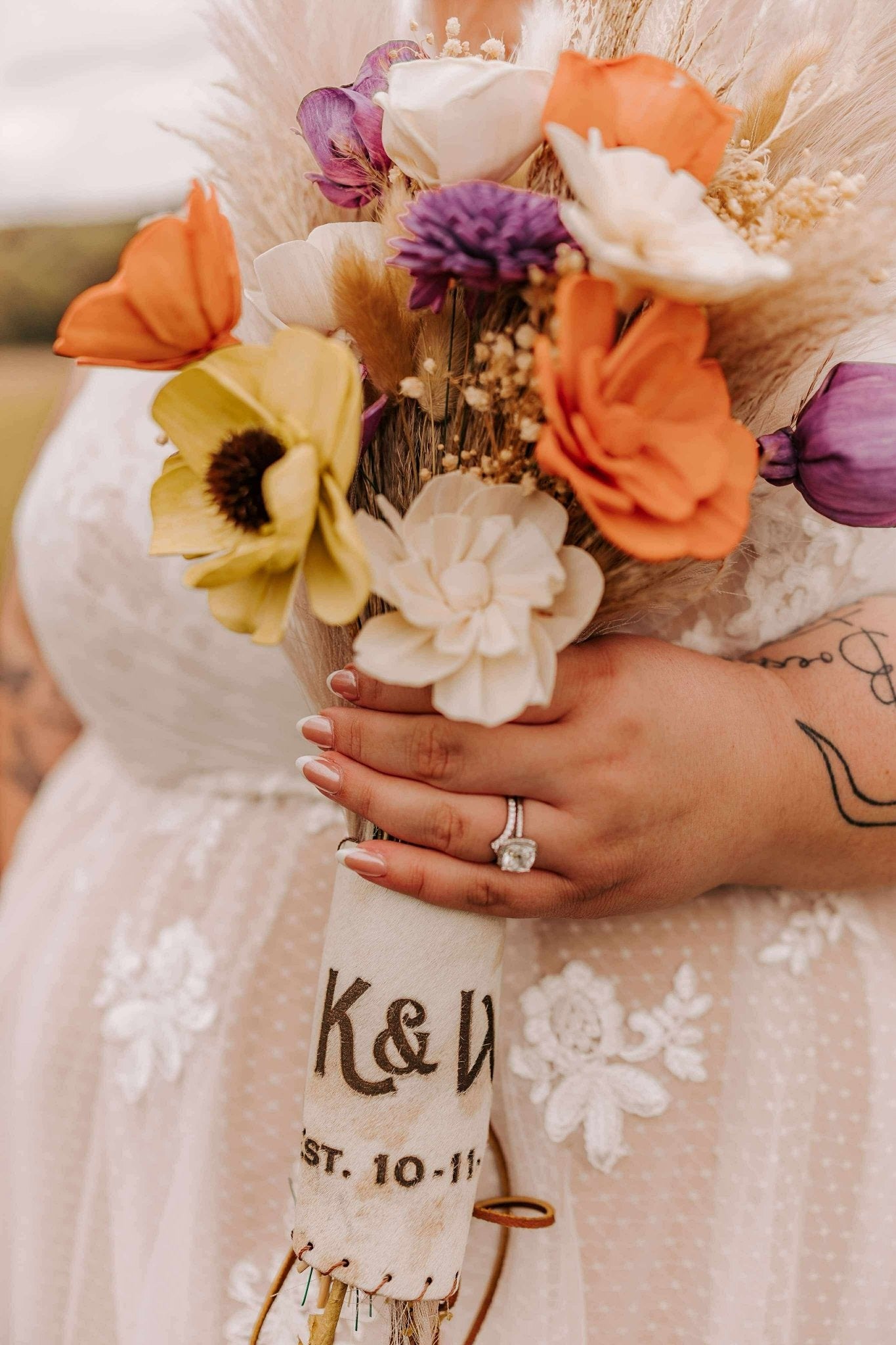 Custom Laser-Branded Cowhide Bouquet Wrap & Boutonnière Wrap Set | Personalized Western Wedding Accessories -  custom laser engraved cowhide and leather western decor by Lethal Creek Laser Works LLC