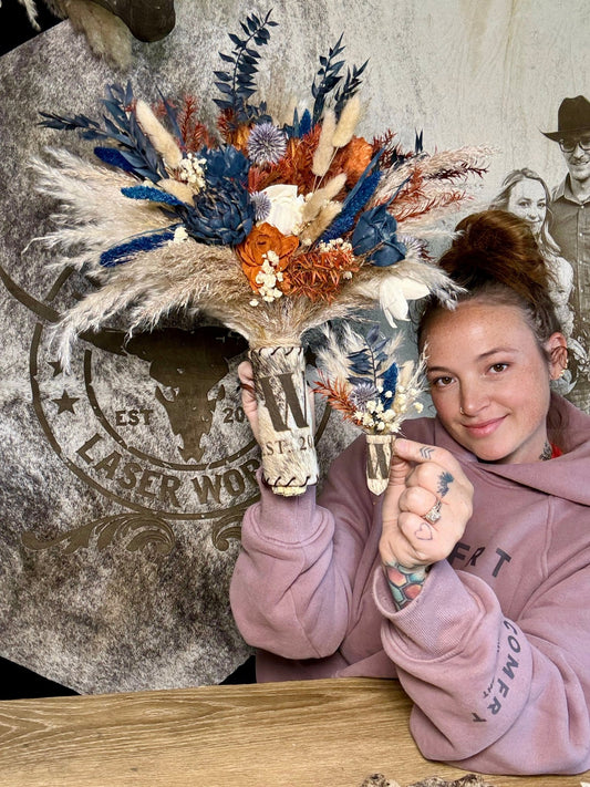 Custom Laser-Branded Cowhide Bouquet Wrap & Boutonnière Wrap Set | Personalized Western Wedding Accessories -  custom laser engraved cowhide and leather western decor by Lethal Creek Laser Works LLC