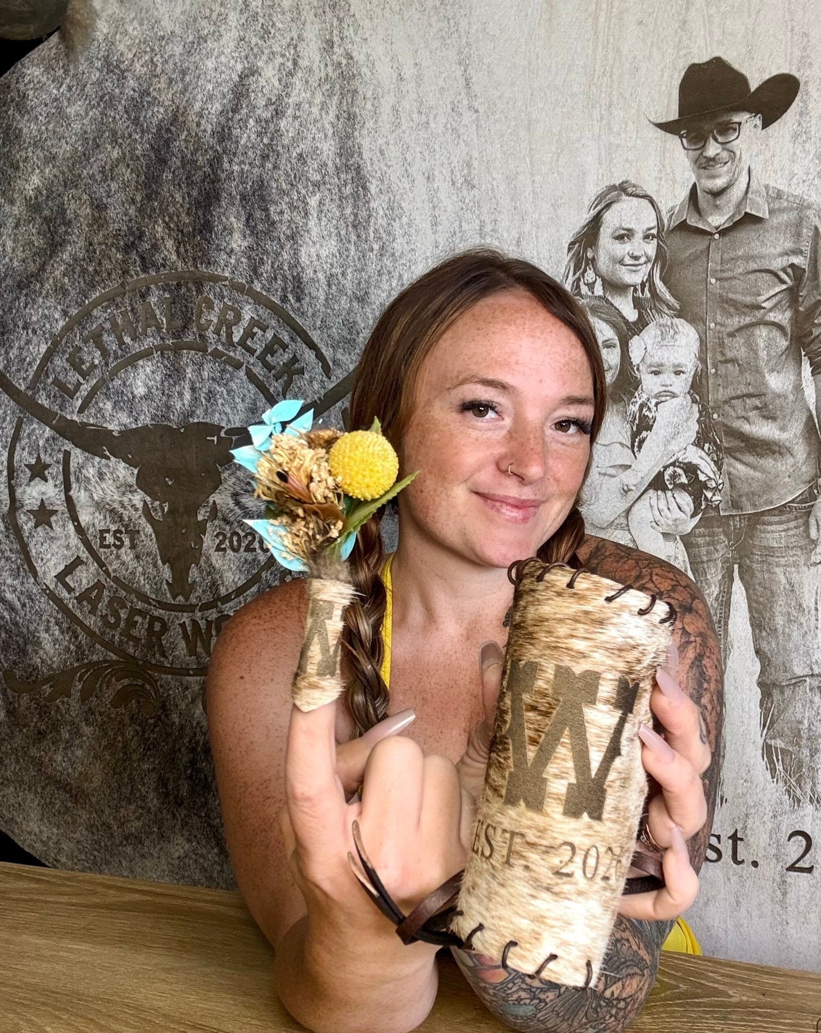 Custom Laser-Branded Cowhide Bouquet Wrap & Boutonnière Wrap Set | Personalized Western Wedding Accessories -  custom laser engraved cowhide and leather western decor by Lethal Creek Laser Works LLC
