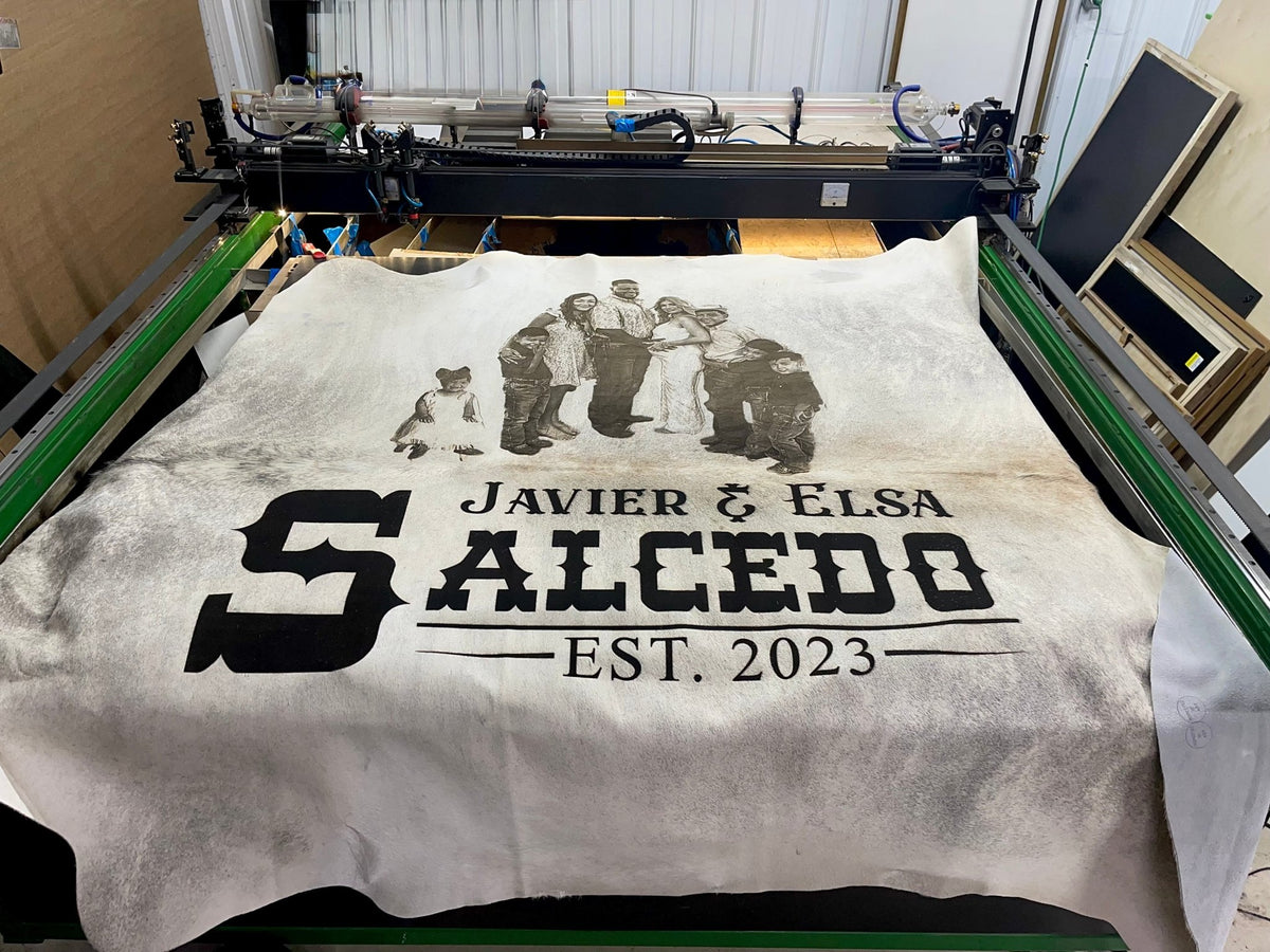 Custom Photo-Branded Cowhide | A Sentimental Family Heirloom - # custom laser engraved cowhide and leather western decor by Lethal Creek Laser Works LLC