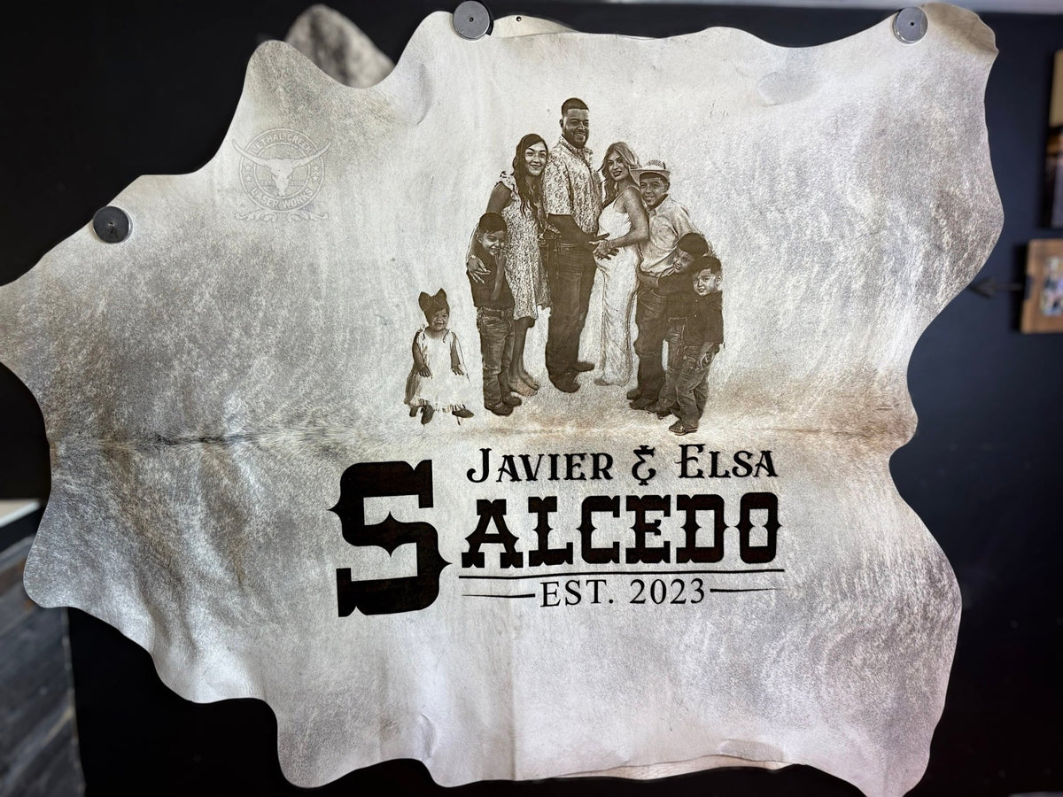 Custom Photo-Branded Cowhide | A Sentimental Family Heirloom - # custom laser engraved cowhide and leather western decor by Lethal Creek Laser Works LLC