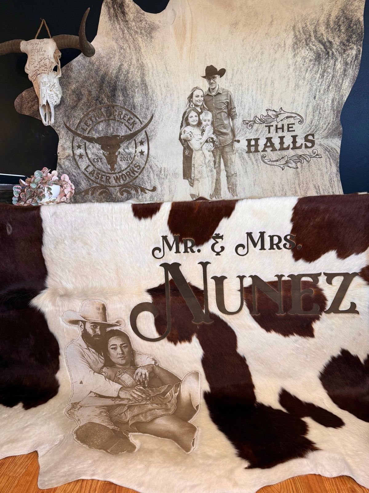 Custom Photo-Branded Cowhide | A Sentimental Family Heirloom - # custom laser engraved cowhide and leather western decor by Lethal Creek Laser Works LLC