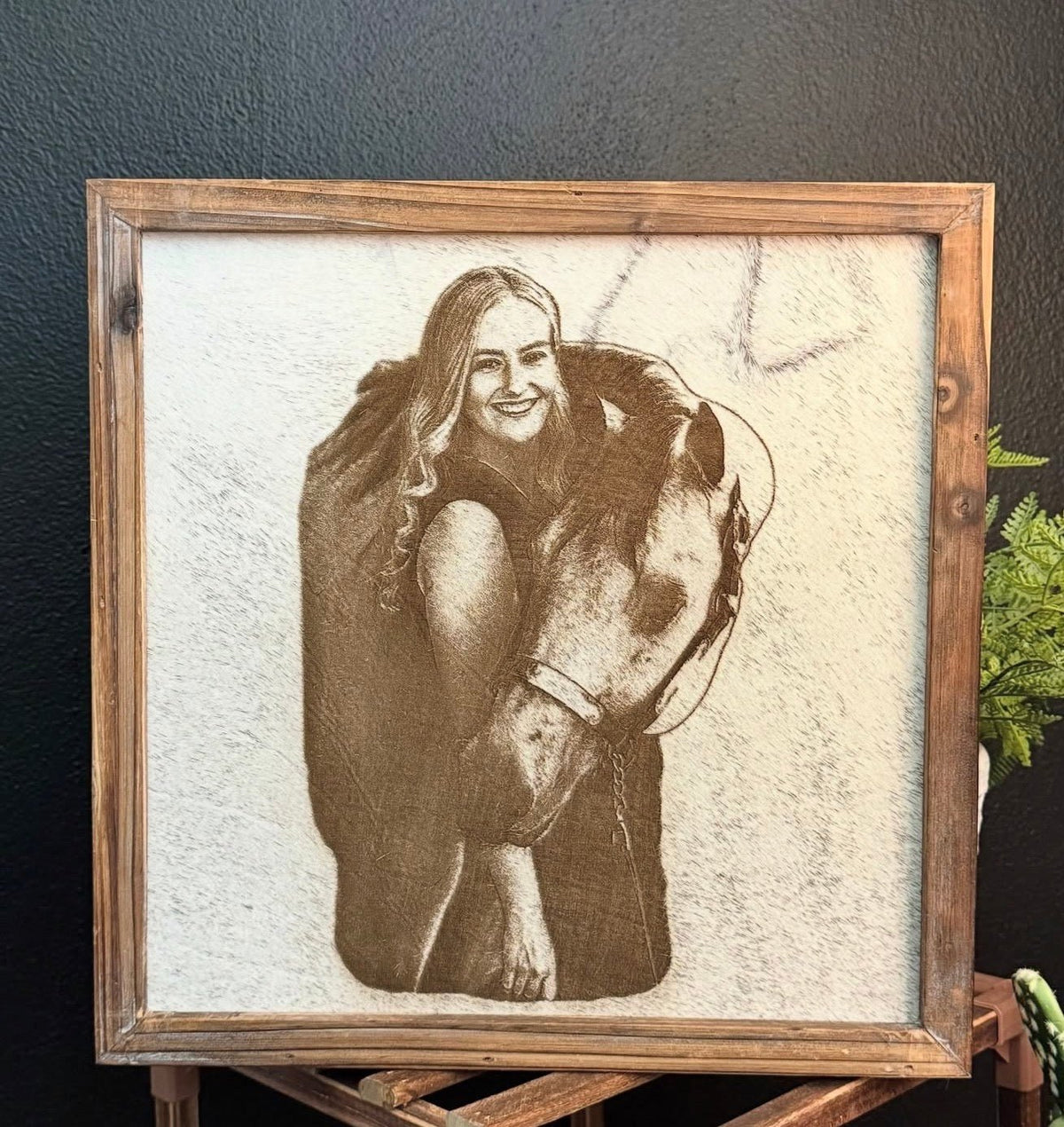 Custom Photo Cowhide Frame 12x12 | Farmhouse Décor -  custom laser engraved cowhide and leather western decor by Lethal Creek Laser Works LLC