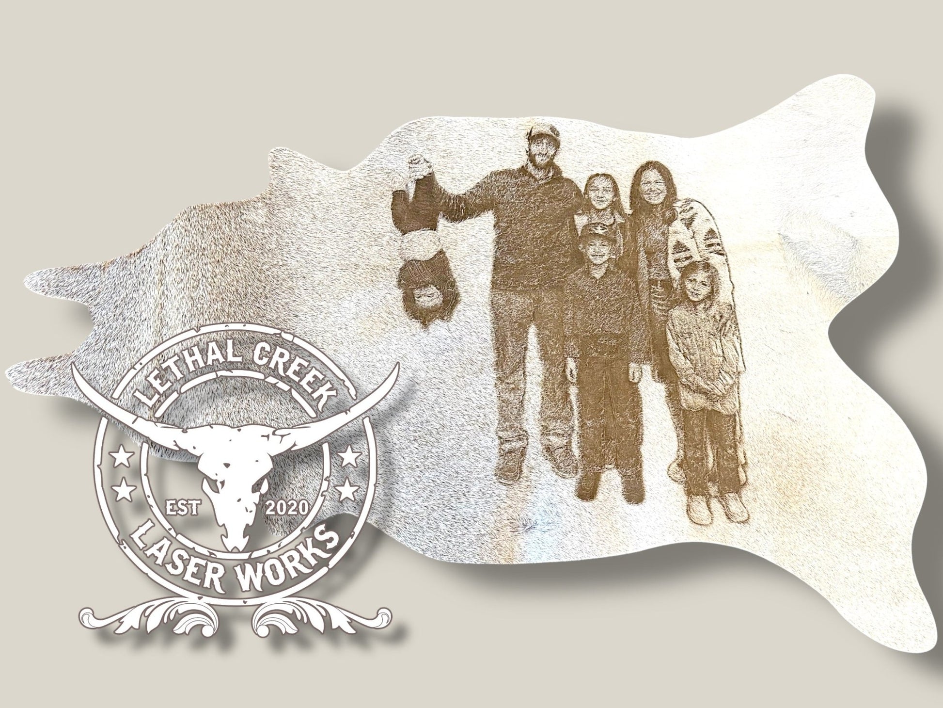 Custom Photo Engraved Cowhide | Personalized Ranch, Wedding & Farmhouse Decor -  custom laser engraved cowhide and leather western decor by Lethal Creek Laser Works LLC