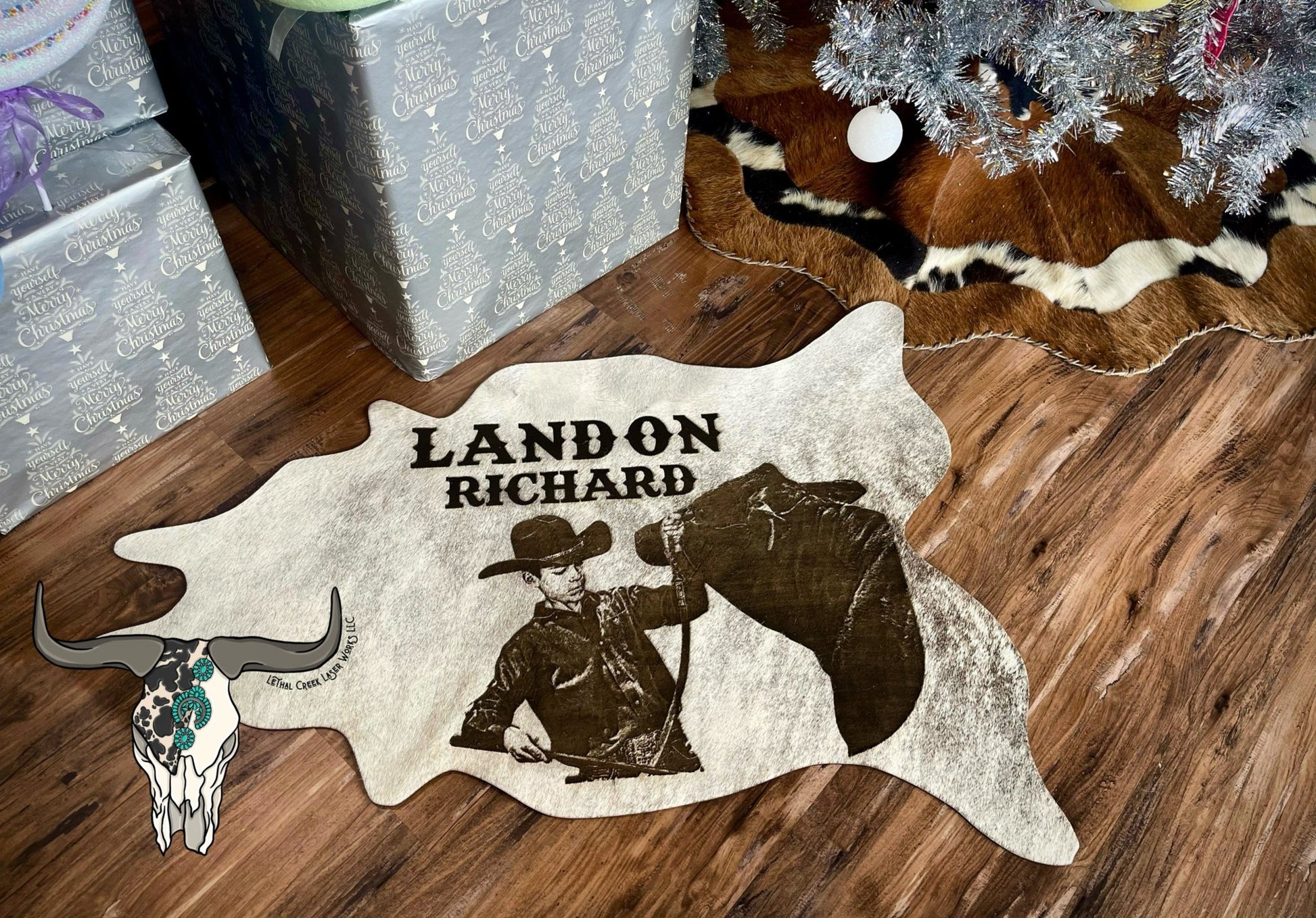 Custom Photo Engraved Cowhide | Personalized Ranch, Wedding & Farmhouse Decor -  custom laser engraved cowhide and leather western decor by Lethal Creek Laser Works LLC
