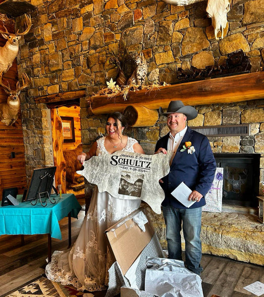 Custom Photo Engraved Cowhide | Personalized Ranch, Wedding & Farmhouse Decor -  custom laser engraved cowhide and leather western decor by Lethal Creek Laser Works LLC