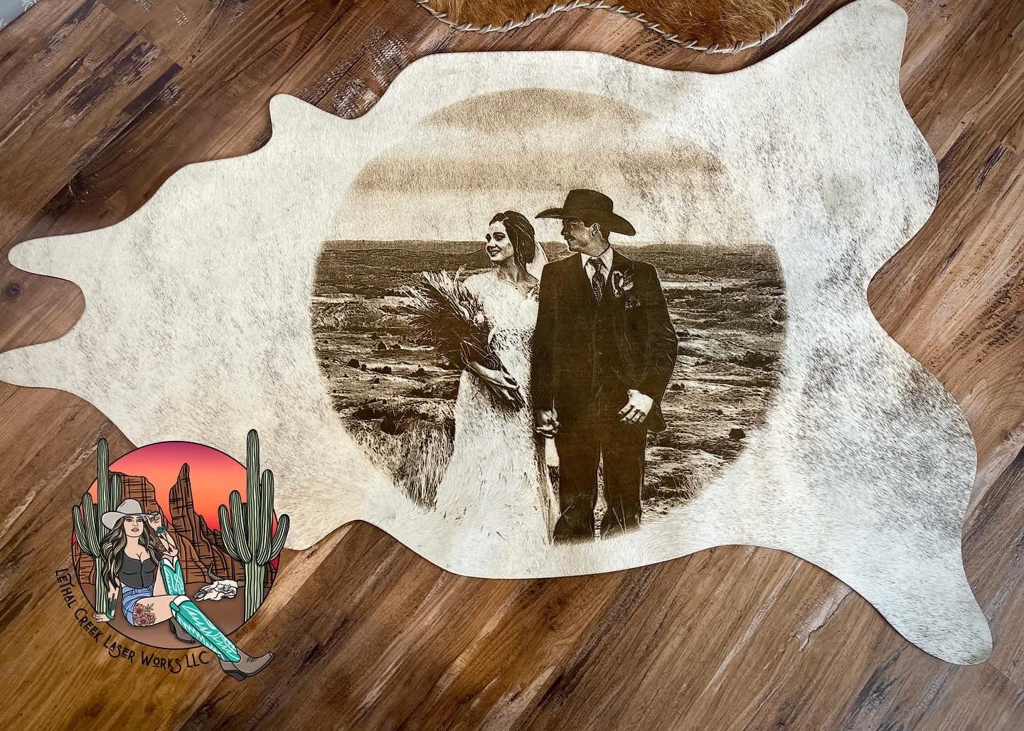 Custom Photo Engraved Cowhide | Personalized Ranch, Wedding & Farmhouse Decor -  custom laser engraved cowhide and leather western decor by Lethal Creek Laser Works LLC