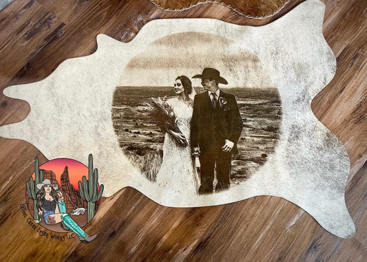 Custom Photo Engraved Cowhide | Personalized Ranch, Wedding & Farmhouse Decor -  custom laser engraved cowhide and leather western decor by Lethal Creek Laser Works LLC