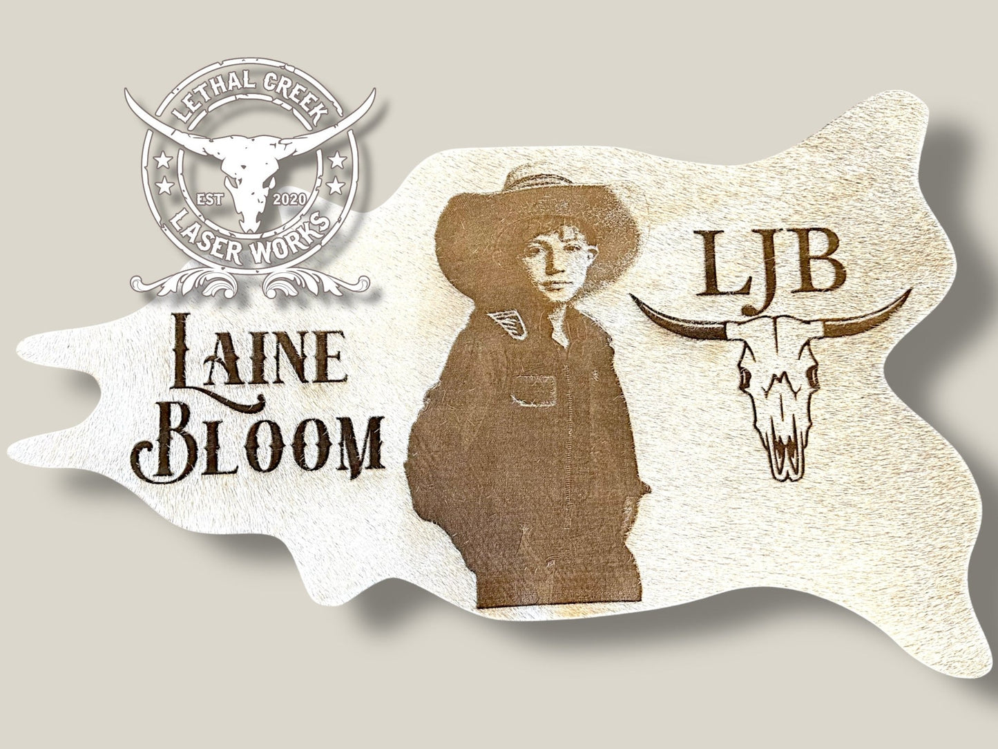 Custom Photo Engraved Cowhide | Personalized Ranch, Wedding & Farmhouse Decor -  custom laser engraved cowhide and leather western decor by Lethal Creek Laser Works LLC