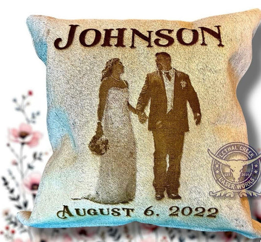 Custom Photo Laser Branded Cowhide Pillow Case -  custom laser engraved cowhide and leather western decor by Lethal Creek Laser Works LLC