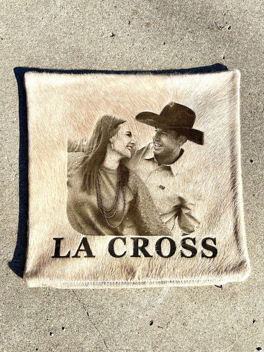 Custom Photo Laser Branded Cowhide Pillow Case -  custom laser engraved cowhide and leather western decor by Lethal Creek Laser Works LLC