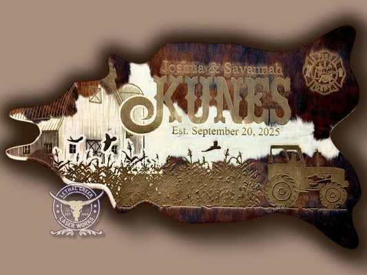 Custom Themed 3ft COWHIDE -  custom laser engraved cowhide and leather western decor by Lethal Creek Laser Works LLC