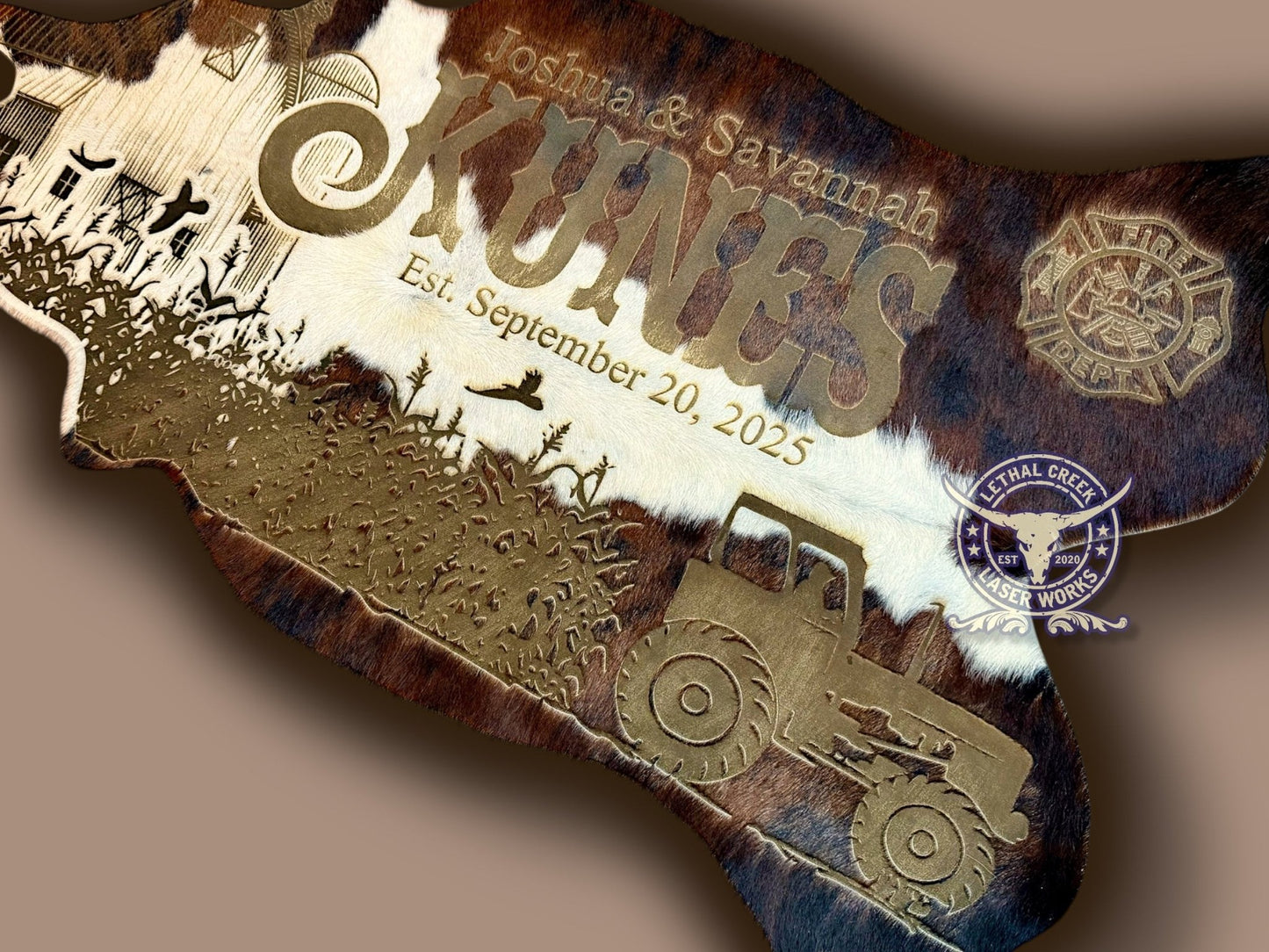 Custom Themed 3ft COWHIDE -  custom laser engraved cowhide and leather western decor by Lethal Creek Laser Works LLC