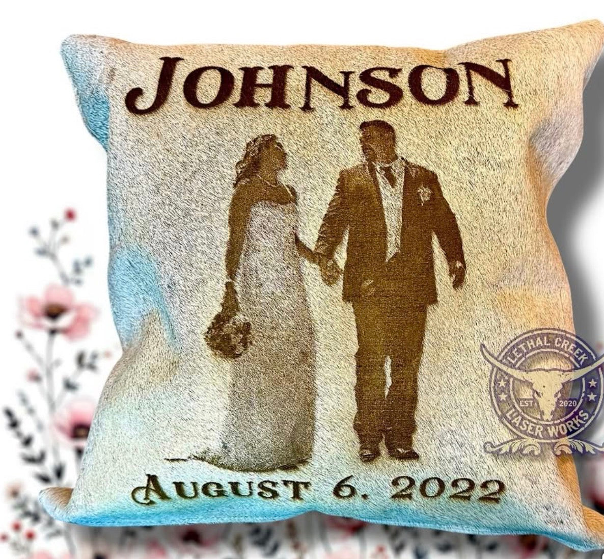 Custom wedding photo laser branded on genuine cowhide pillow case