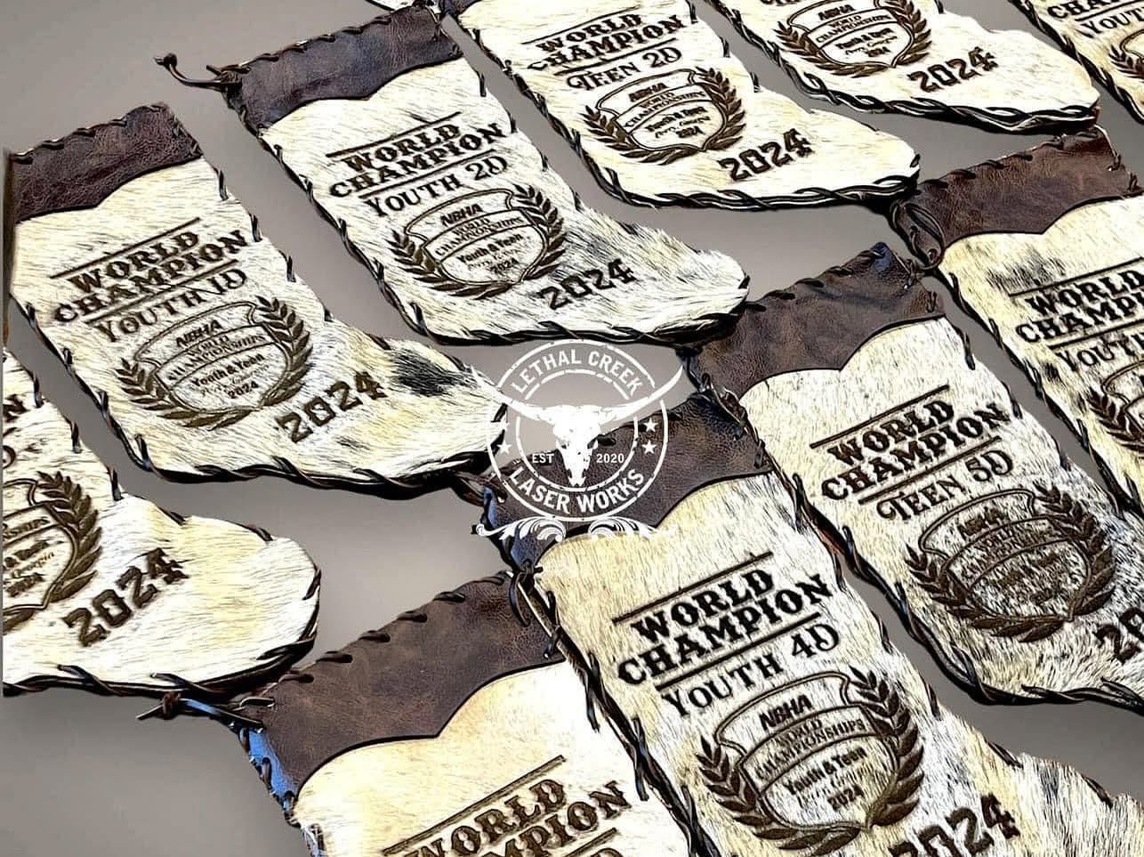 Custom cowhide Christmas stockings featuring personalized western and award-inspired designs